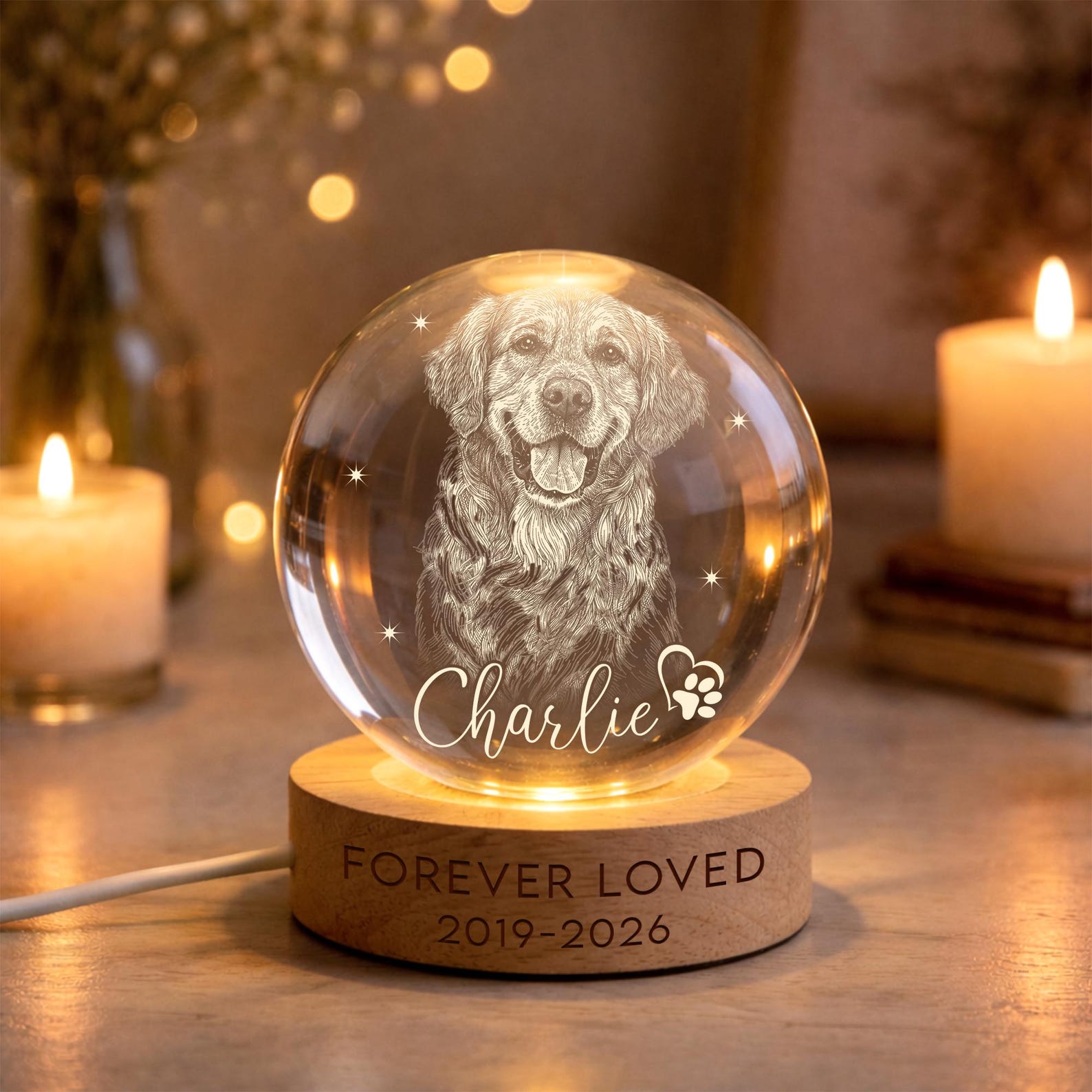Personalized Pet Memorial Night Light, Pet Portrait Crystal Ball Night Light