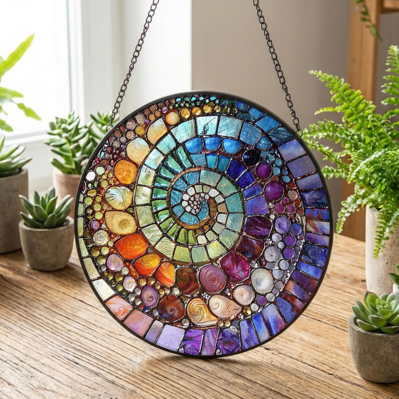 Abstract Rainbow Shell Spiral Suncatcher Stained Glass Coastal Beach Gift