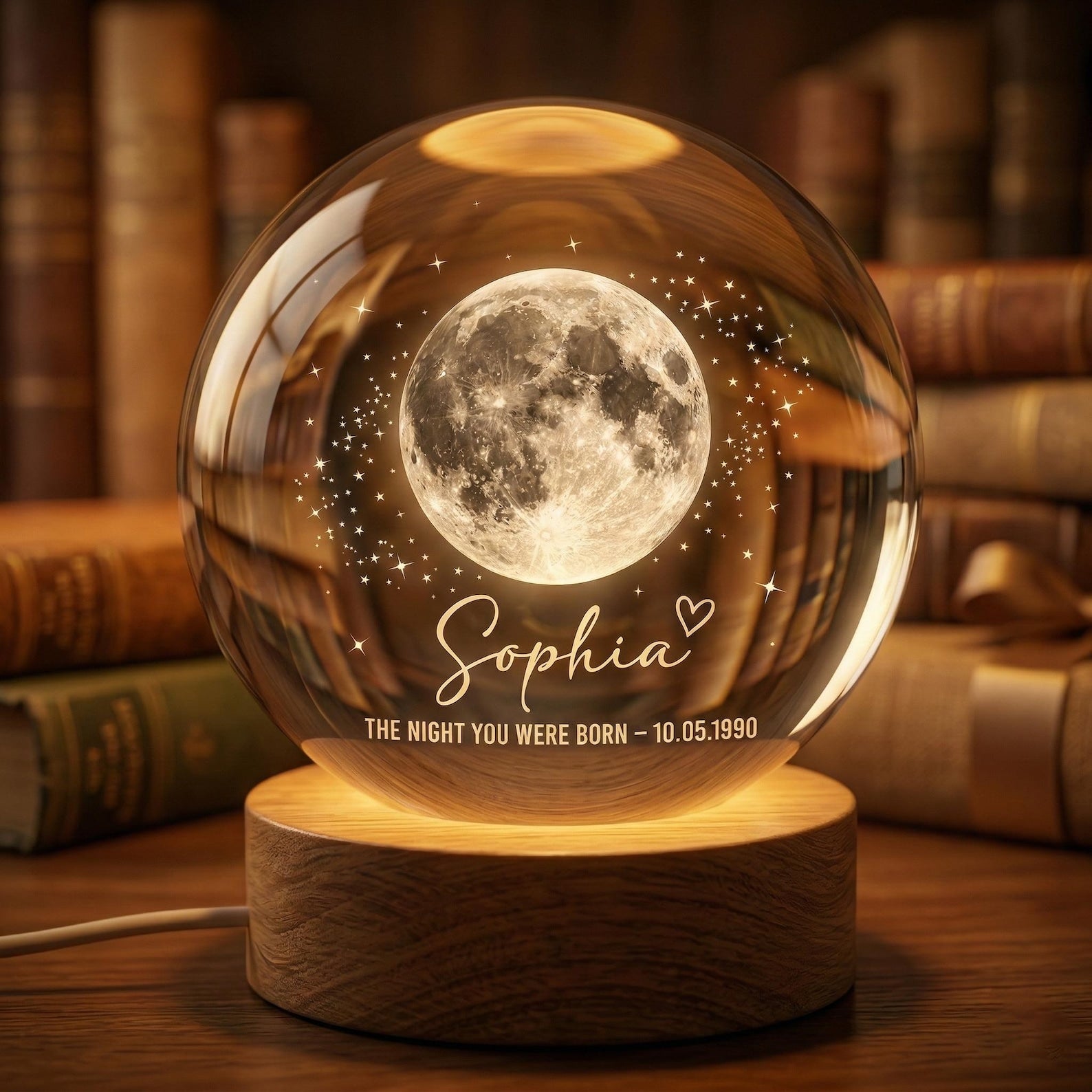 Personalized Crystal Ball LED Night Light, Custom Moon Phase The Day You Were Born