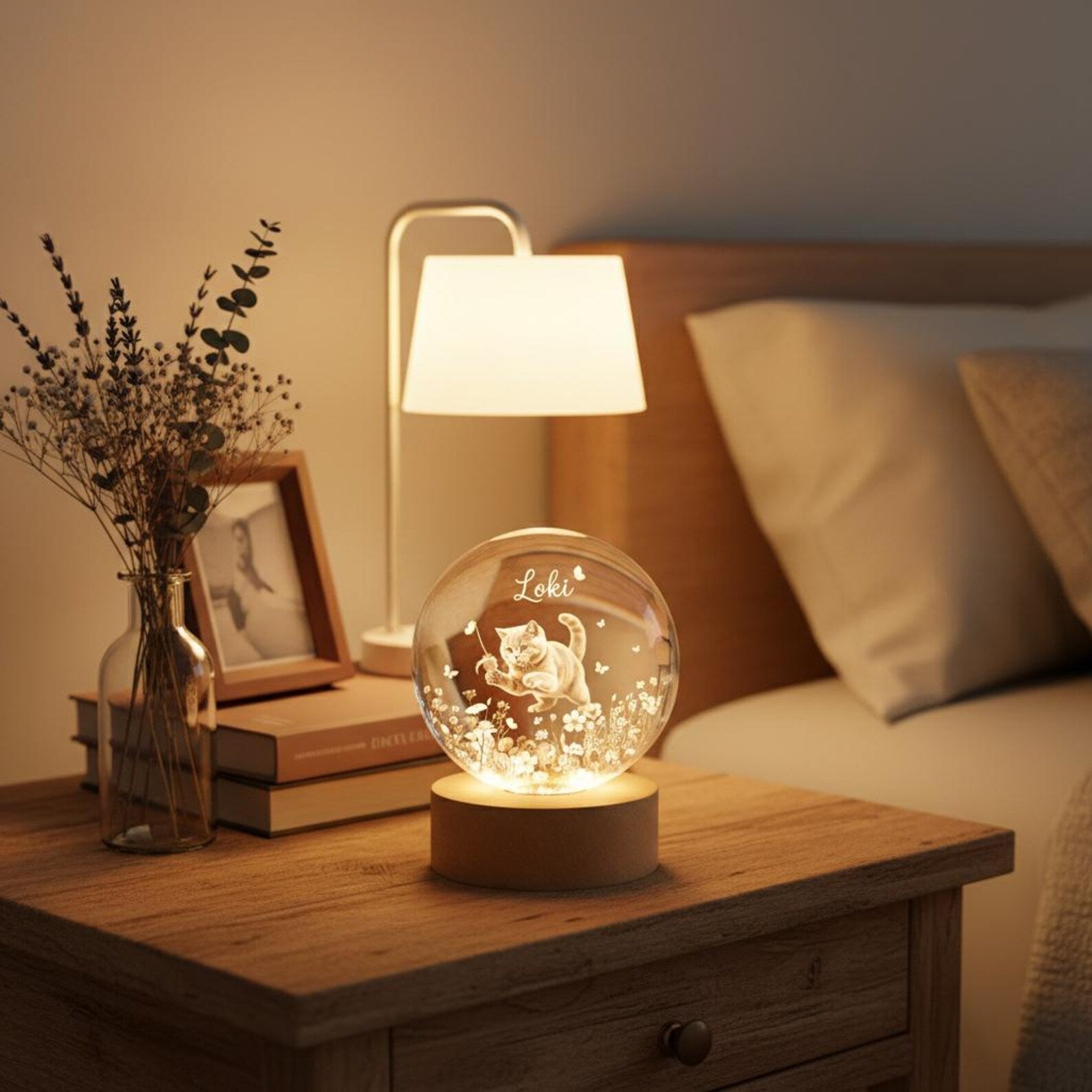 Personalized Pet Portrait Crystal Ball LED Night Light, Pet Memorial Keepsake