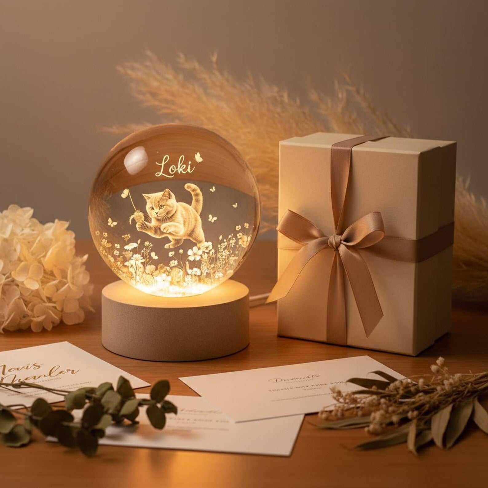 Personalized Pet Portrait Crystal Ball LED Night Light, Pet Memorial Keepsake