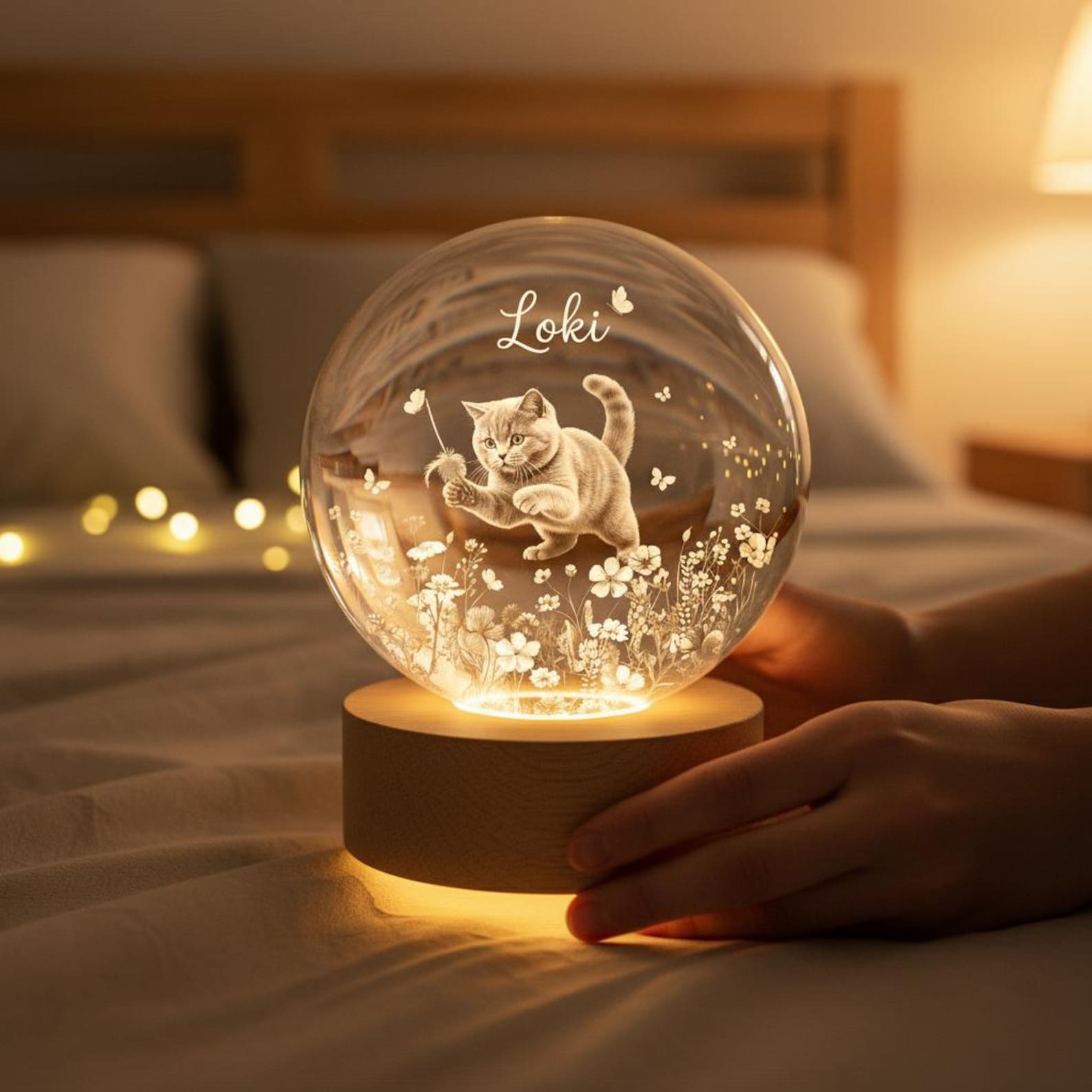 Personalized Pet Portrait Crystal Ball LED Night Light, Pet Memorial Keepsake