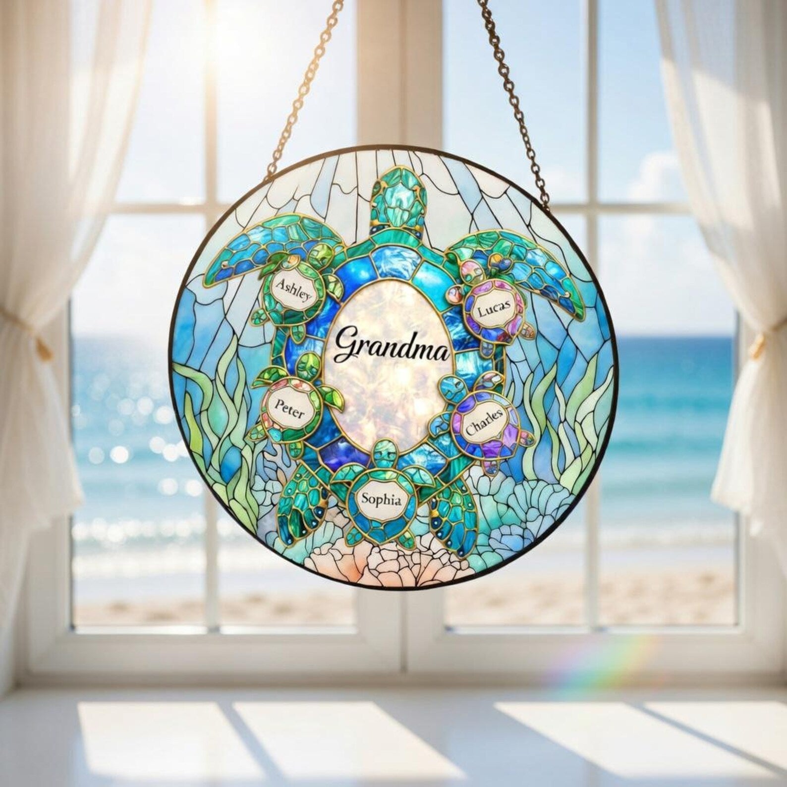 Personalized Sea Turtle Stained Glass Suncatcher, Custom Grandkids Name Turtle