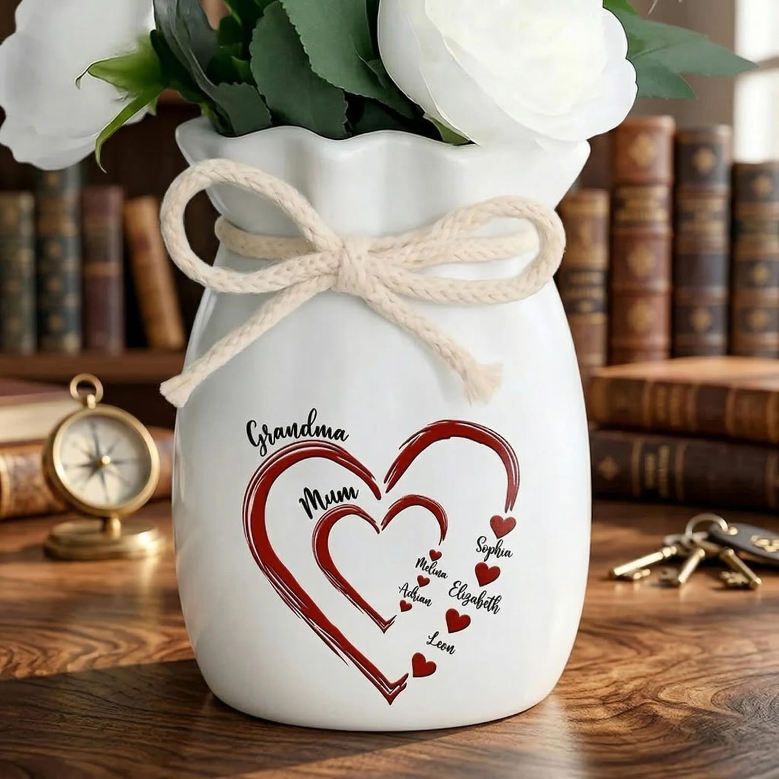 Personalized Mom Grandma Heart Flower Vase, Custom Names Family Vase