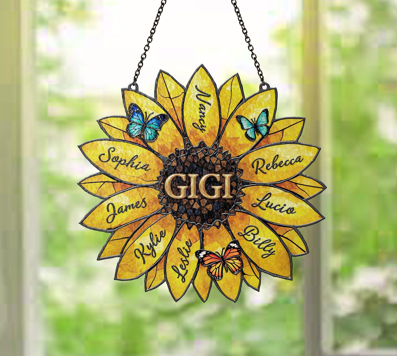 Personalized Sunflower Suncatcher, Custom Family Names, Stained Acrylic Window Art