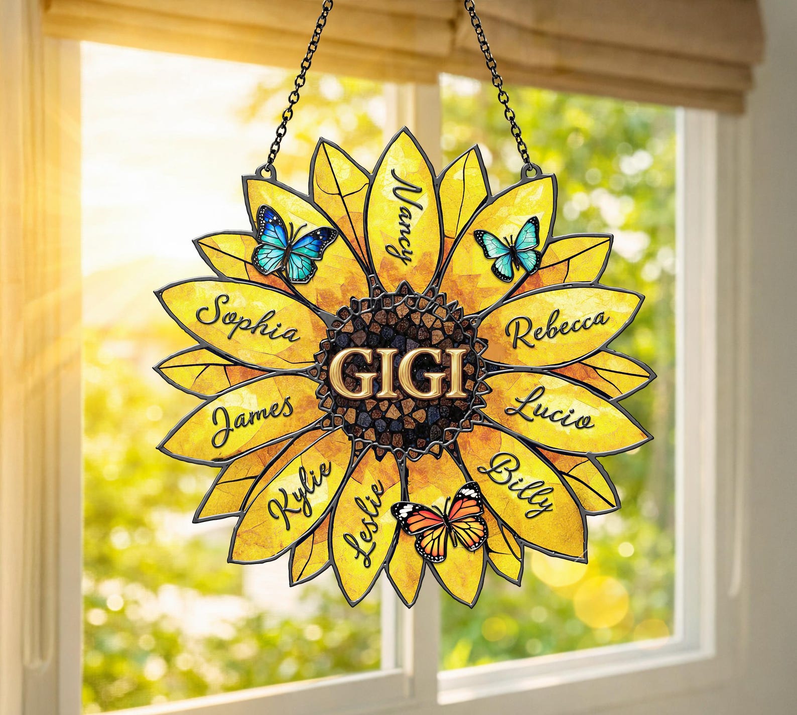 Personalized Sunflower Suncatcher, Custom Family Names, Stained Acrylic Window Art