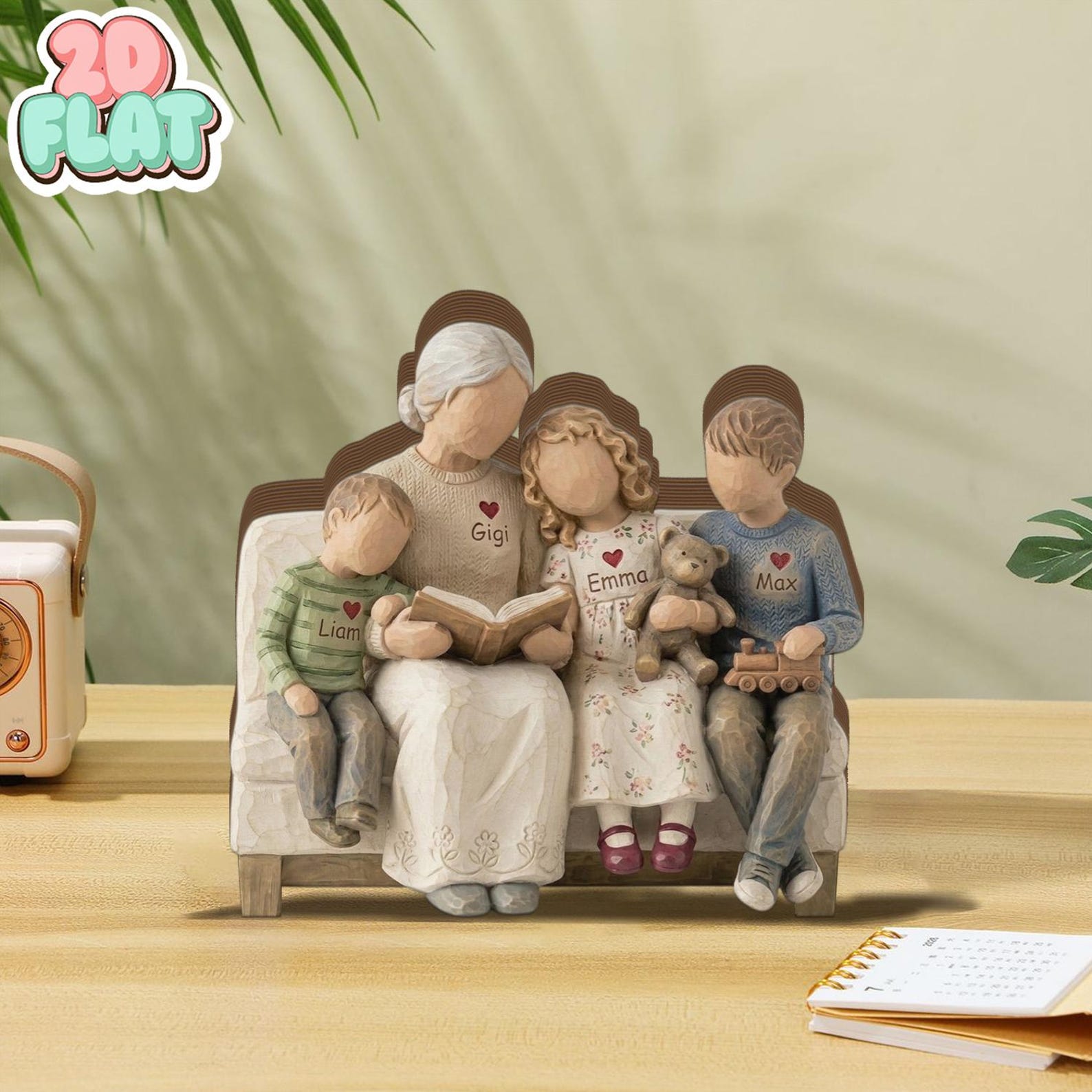 Personalized Grandma With Grandkids 2D FLAT Wooden Block, Custom Family Keepsake