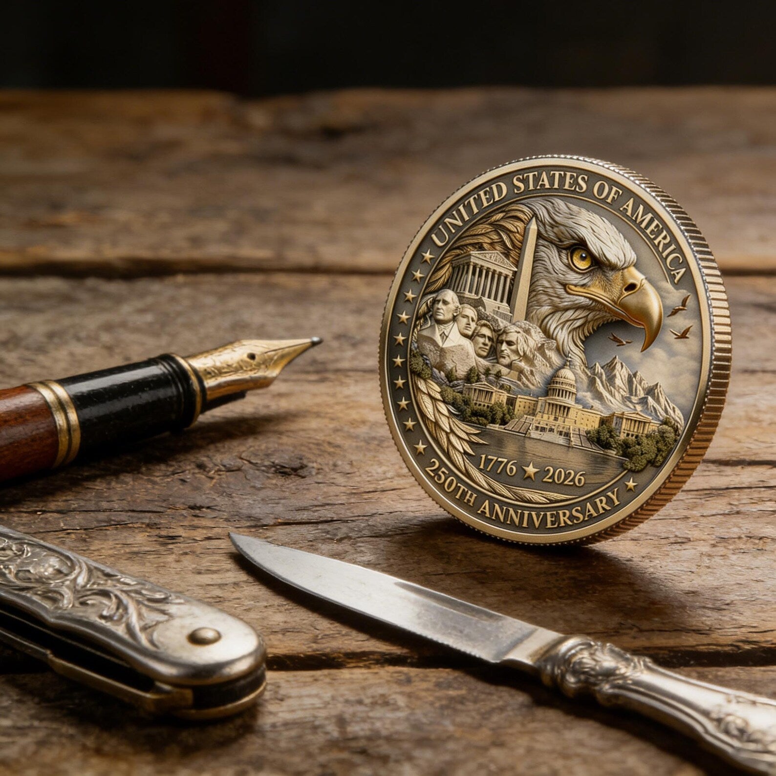 Independence Day Coin, USA 250th Anniversary Commemorative Coin 3D Patriotic Eagle Design, 1776-2026