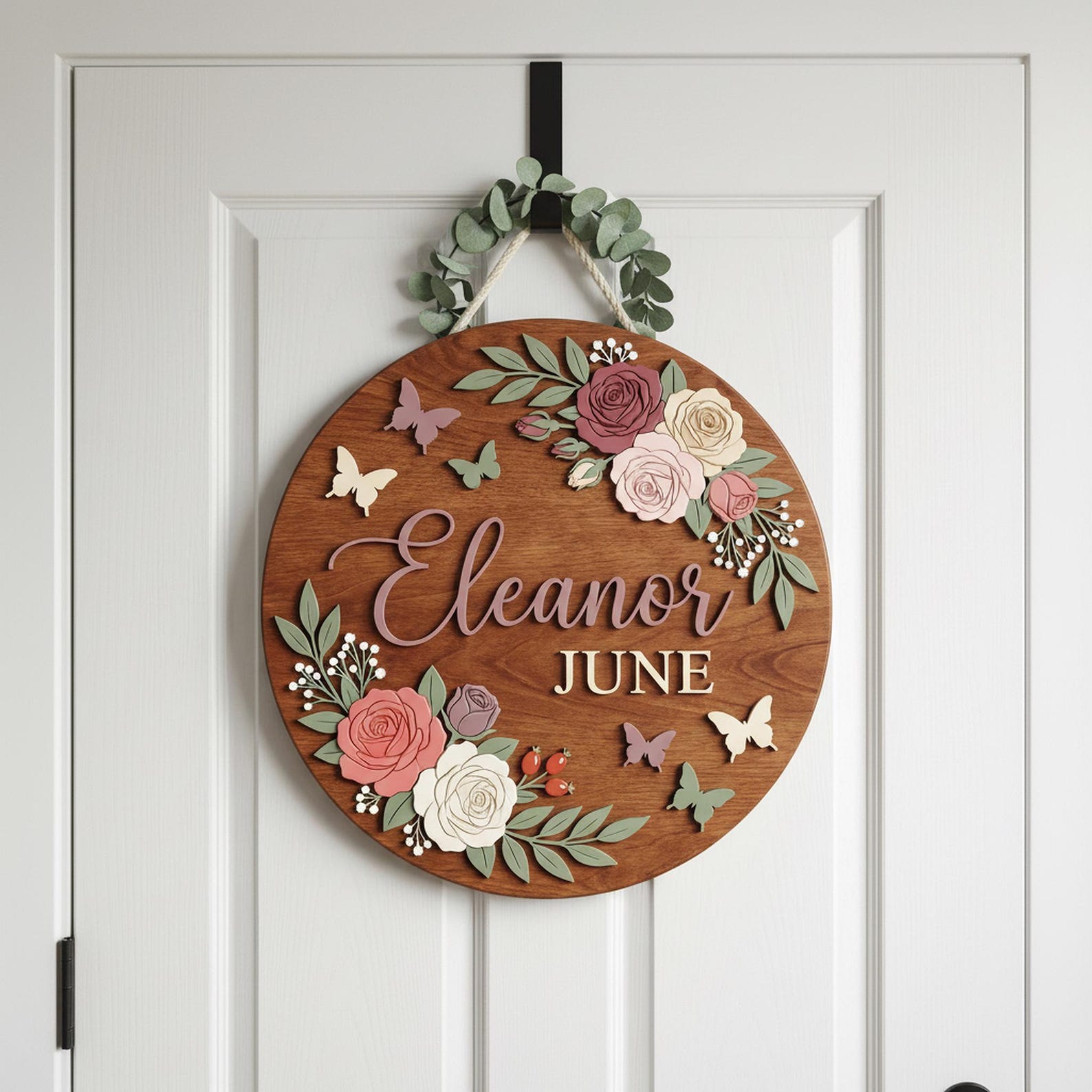 Personalized Baby Girl Nursery Door Sign, Custom Name Wooden Round Sign, Baby Shower Gift