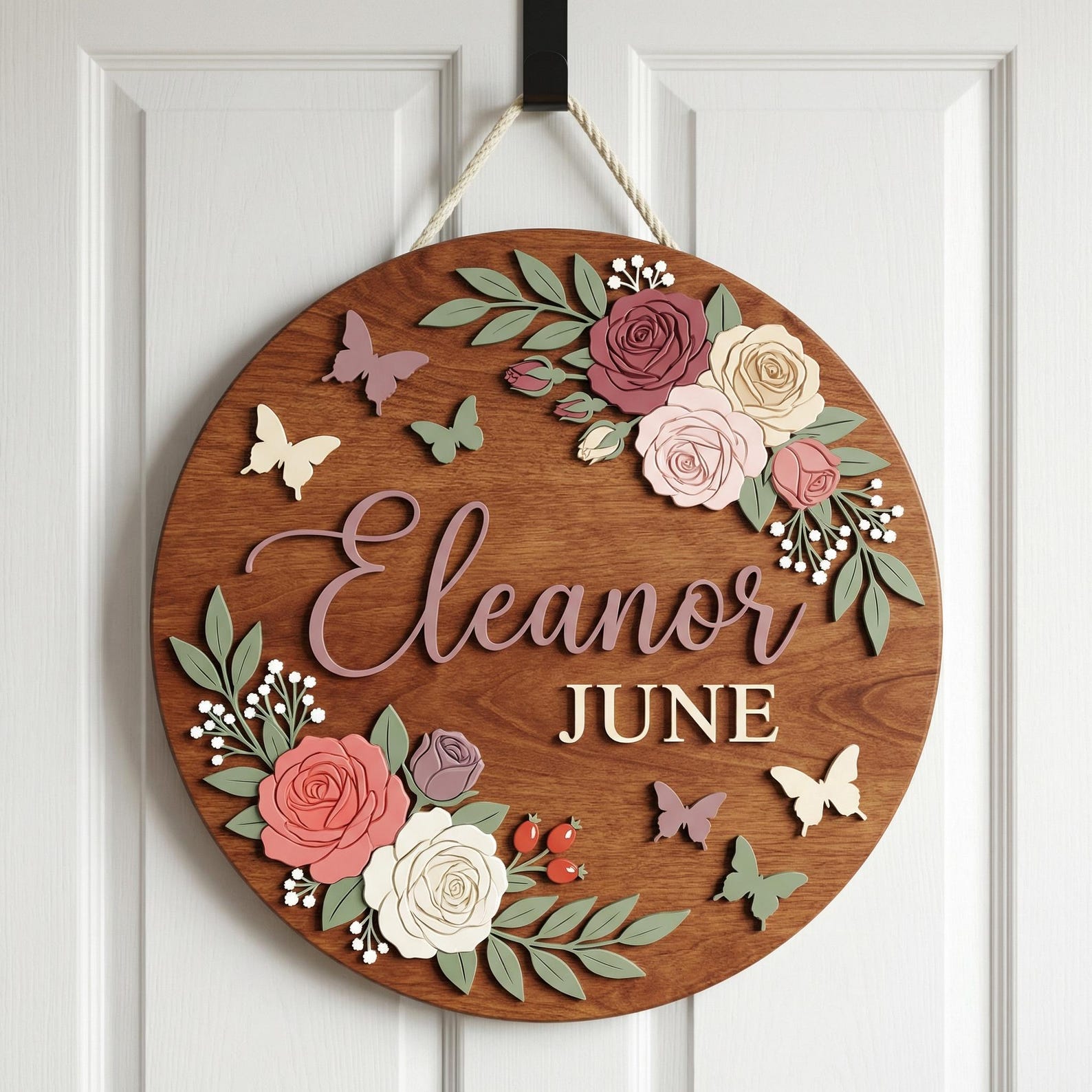Personalized Baby Girl Nursery Door Sign, Custom Name Wooden Round Sign, Baby Shower Gift