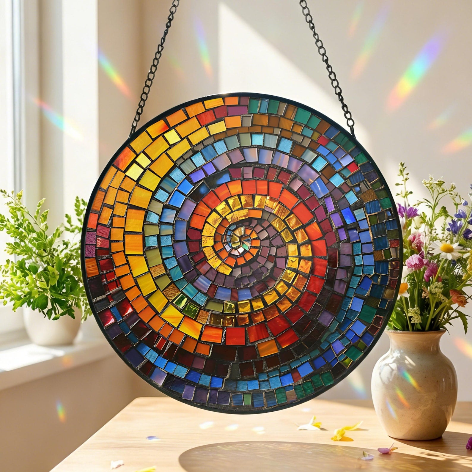 Abstract Rainbow Shell Spiral Suncatcher Stained Glass Coastal Beach Gift