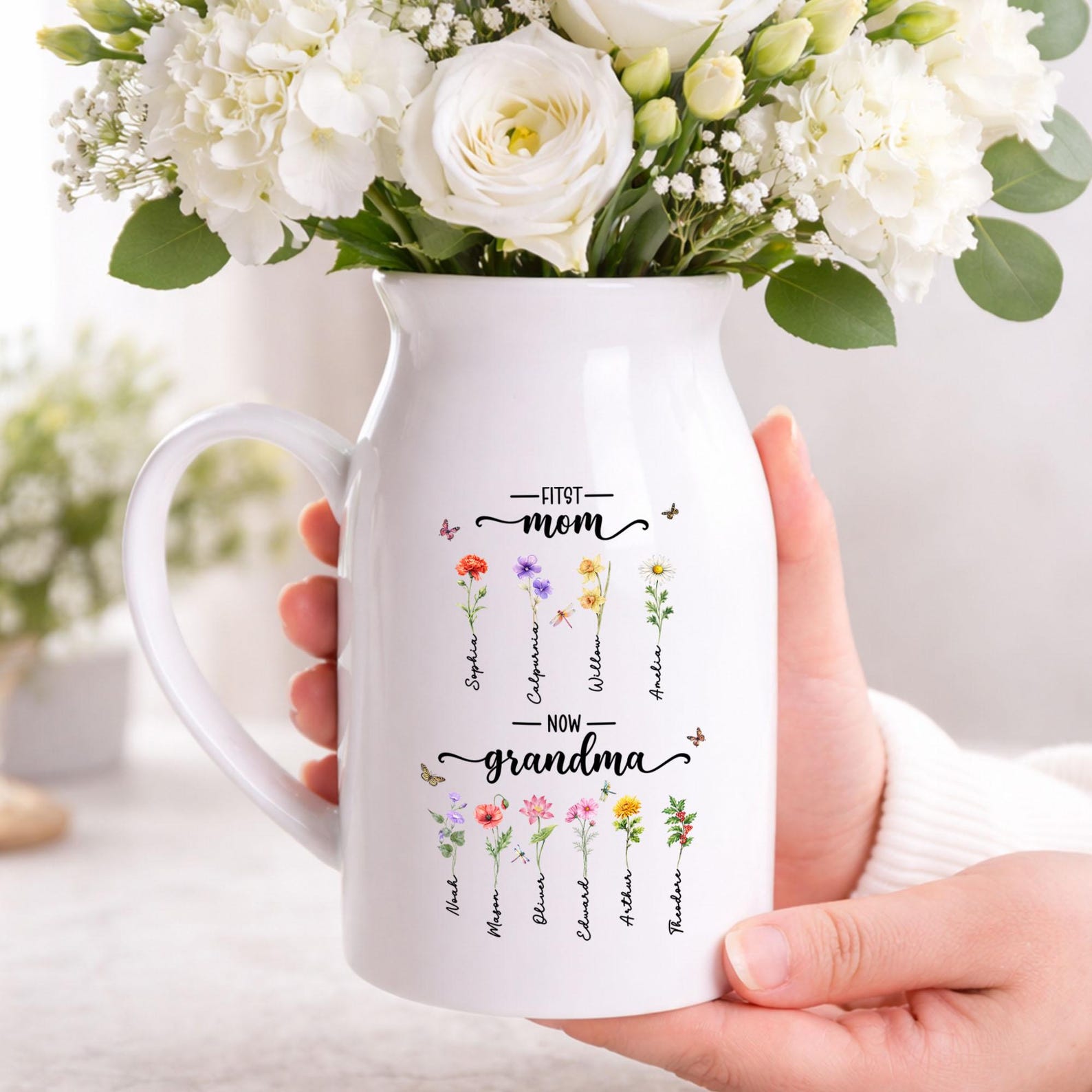 Custom First Mom Now Grandma Ceramic Flower Vase, Birth Month Flower Vase, Grandmas Garden Vase, Birthday Gift for Mom Nana