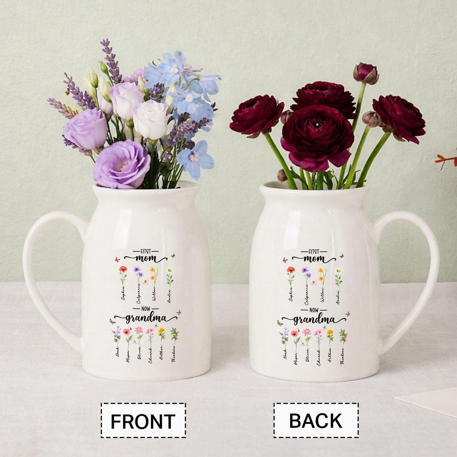 Custom First Mom Now Grandma Ceramic Flower Vase, Birth Month Flower Vase, Grandmas Garden Vase, Birthday Gift for Mom Nana