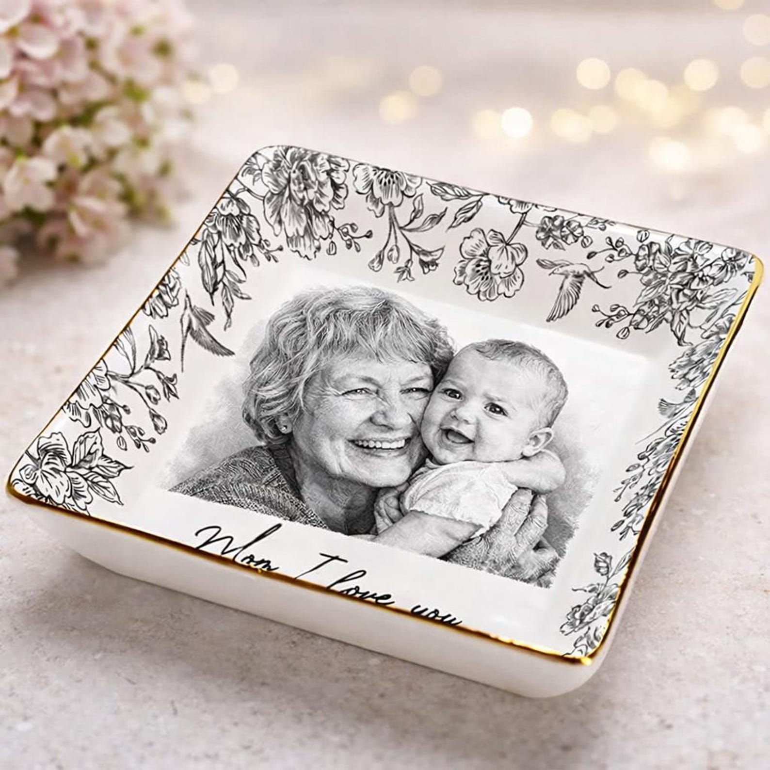 Personalized Pencil Sketch Jewelry Tray, Mothers Day Gift for Mom from Daughter
