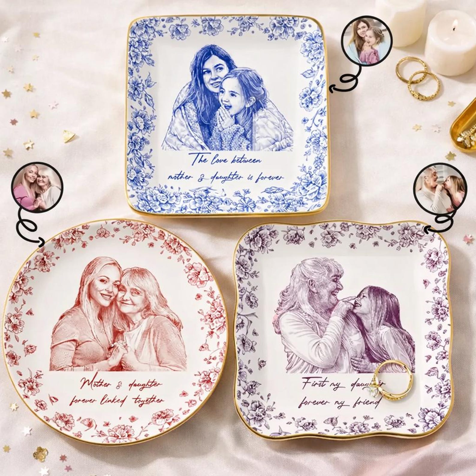 Personalized Pencil Sketch Jewelry Tray, Mothers Day Gift for Mom from Daughter