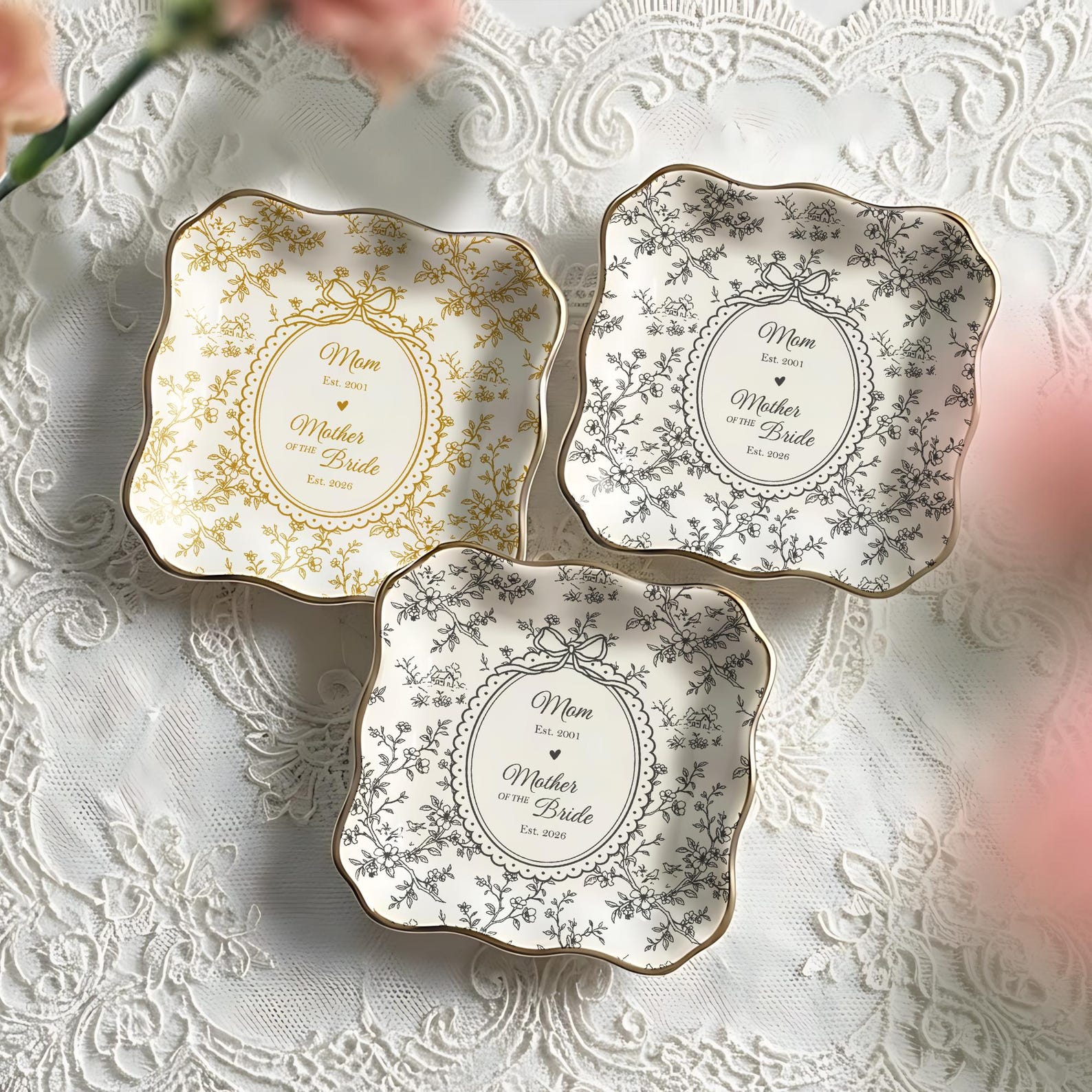 Personalized Mother of the Bride Jewelry Dish, Custom Toile De Jouy Ring Dish