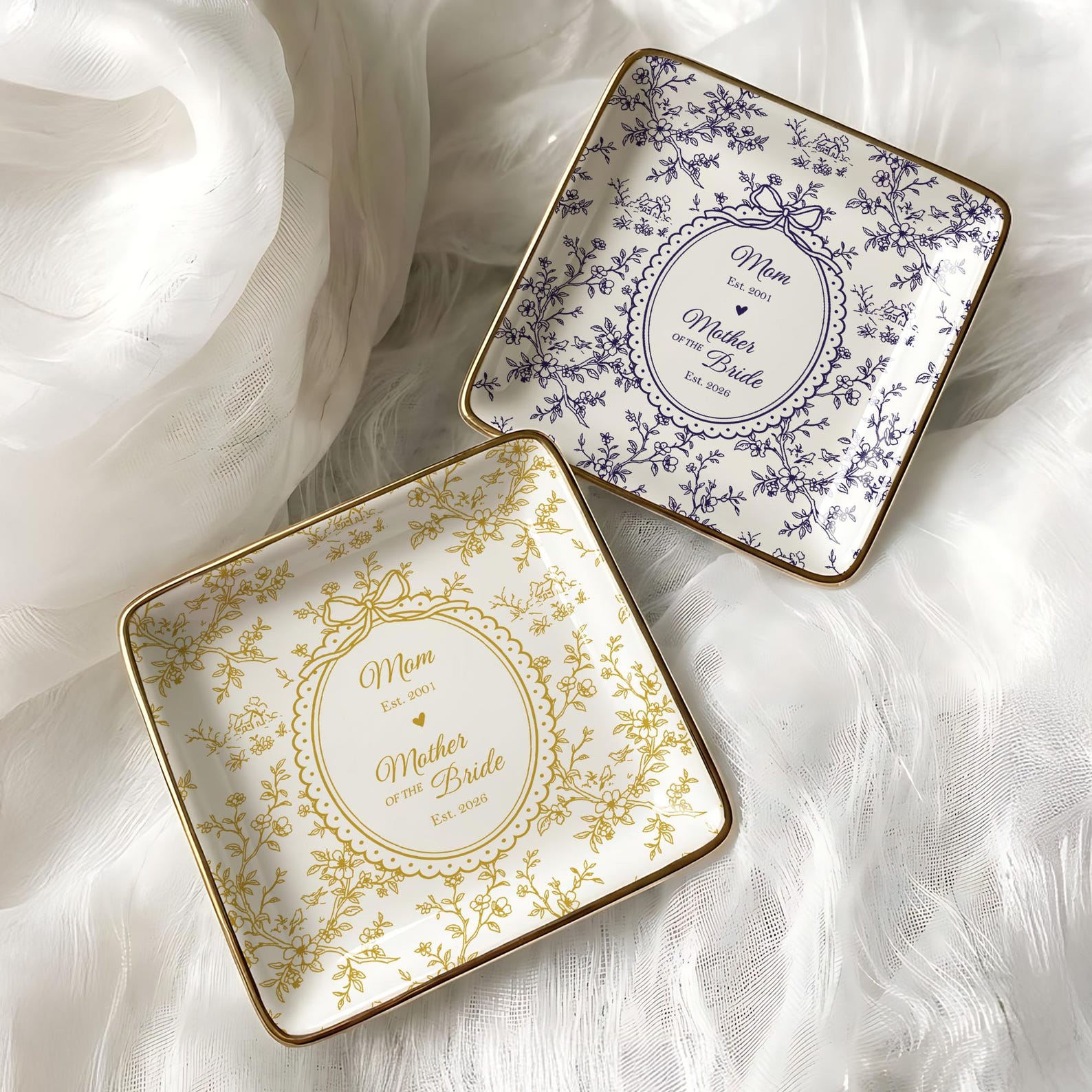 Personalized Mother of the Bride Jewelry Dish, Custom Toile De Jouy Ring Dish
