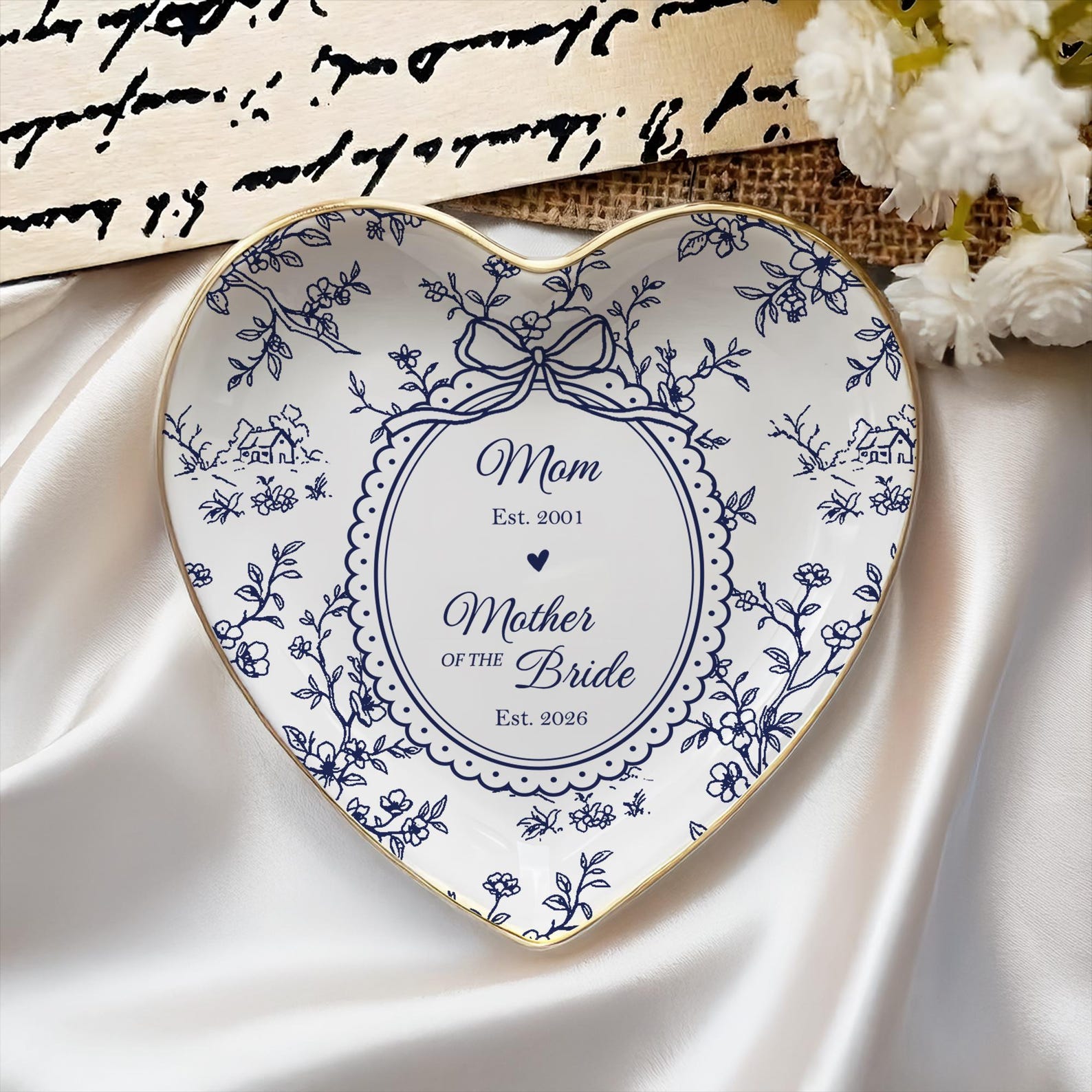 Personalized Mother of the Bride Jewelry Dish, Custom Toile De Jouy Ring Dish