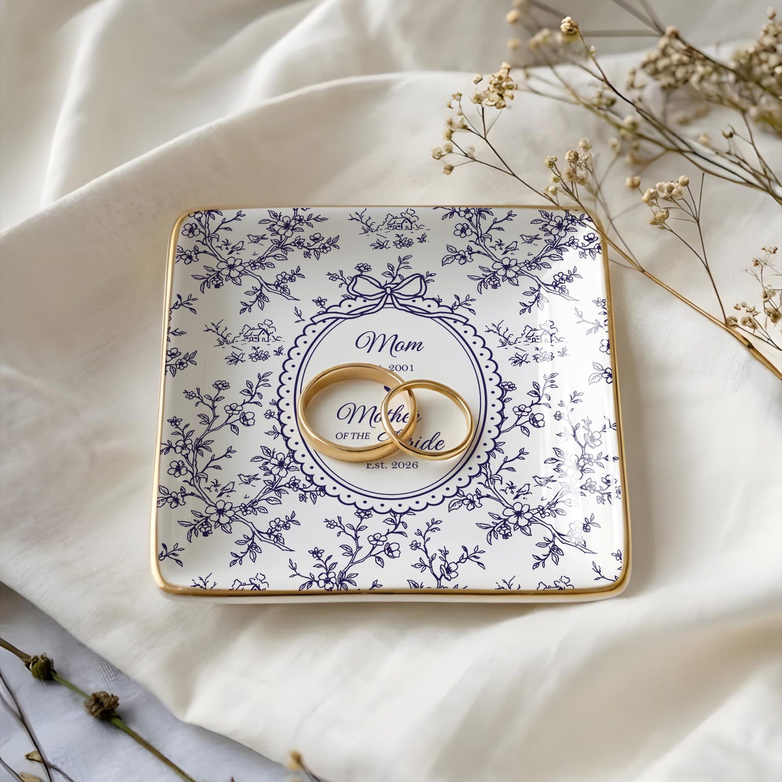 Personalized Mother of the Bride Jewelry Dish, Custom Toile De Jouy Ring Dish
