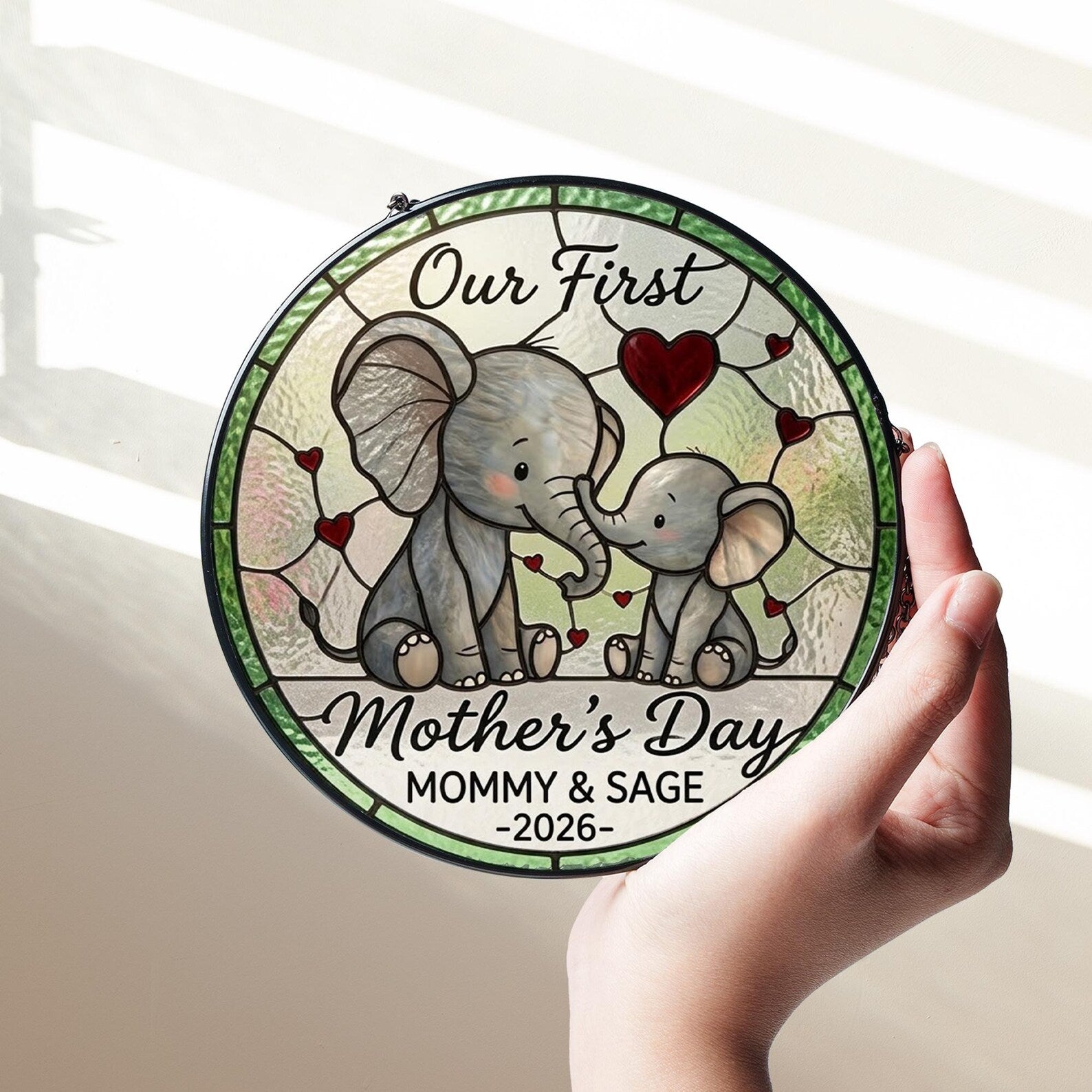 Personalized First Mother's Day Elephant Stained Glass Suncatcher, Custom Name Window Hanging