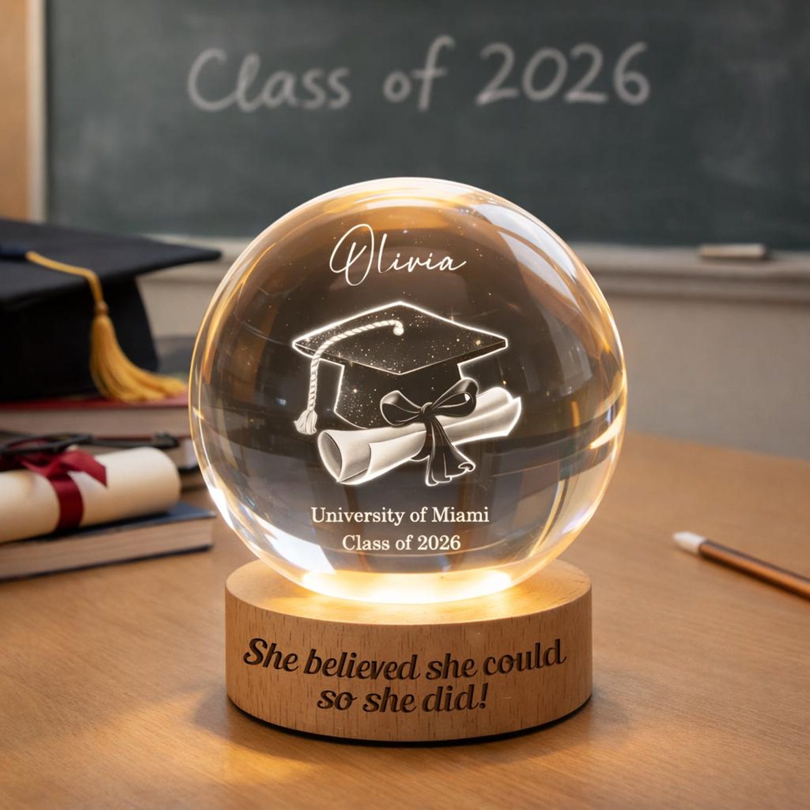 Personalized Graduation Gift, Class of 2026 Crystal Ball Night Light