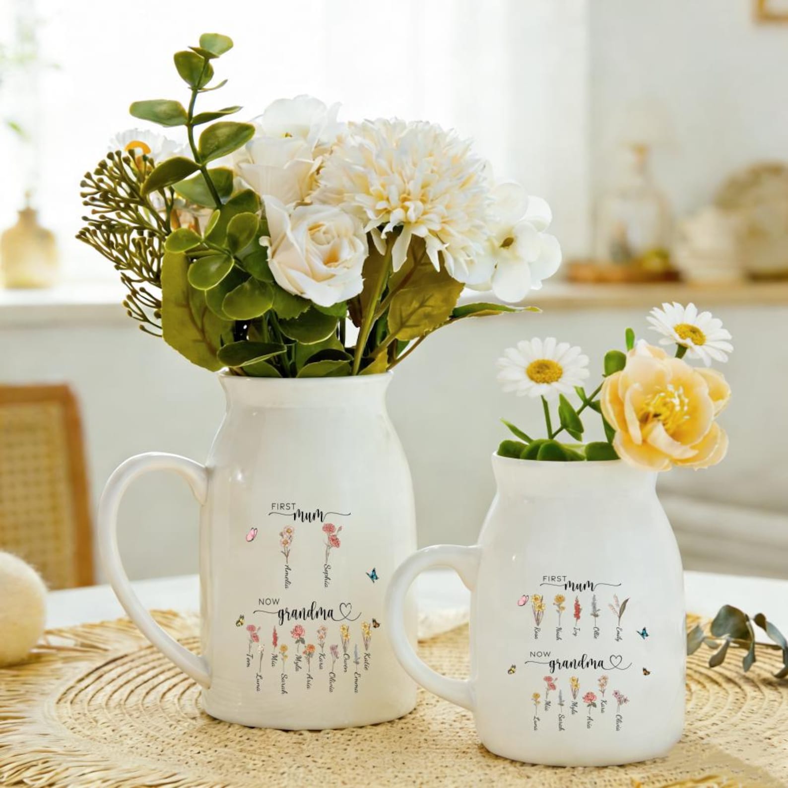 Personalized First Mom Now Grandma Birth Flower Vase, Custom Family Name Vase