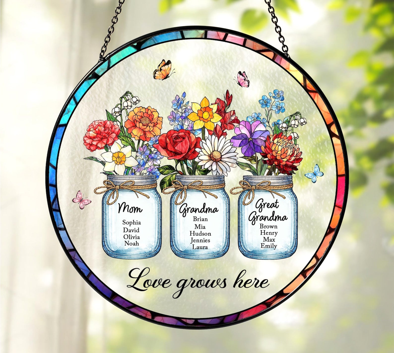 Custom Stained Glass Suncatcher, Birth Flower Garden Window Hanging
