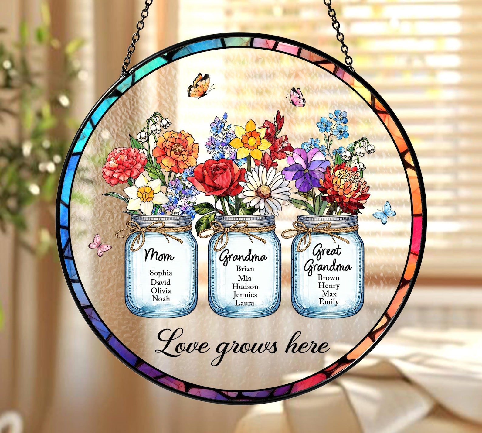 Custom Stained Glass Suncatcher, Birth Flower Garden Window Hanging
