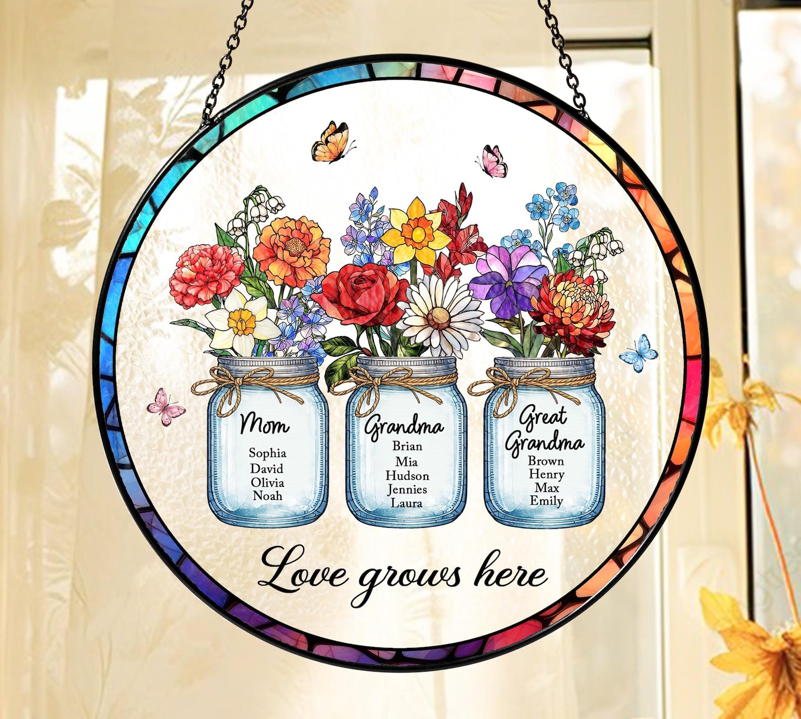 Custom Stained Glass Suncatcher, Birth Flower Garden Window Hanging