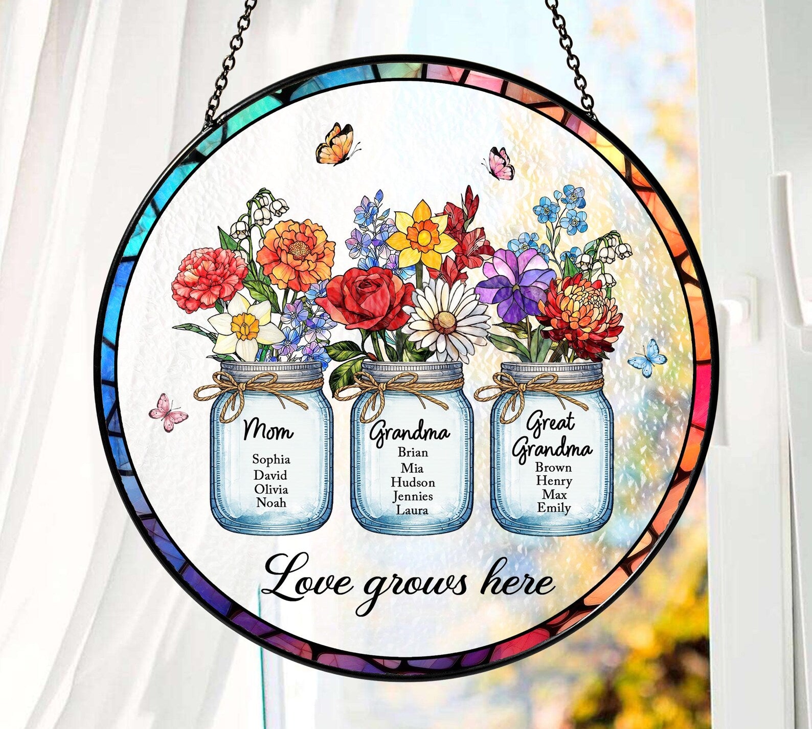 Custom Stained Glass Suncatcher, Birth Flower Garden Window Hanging