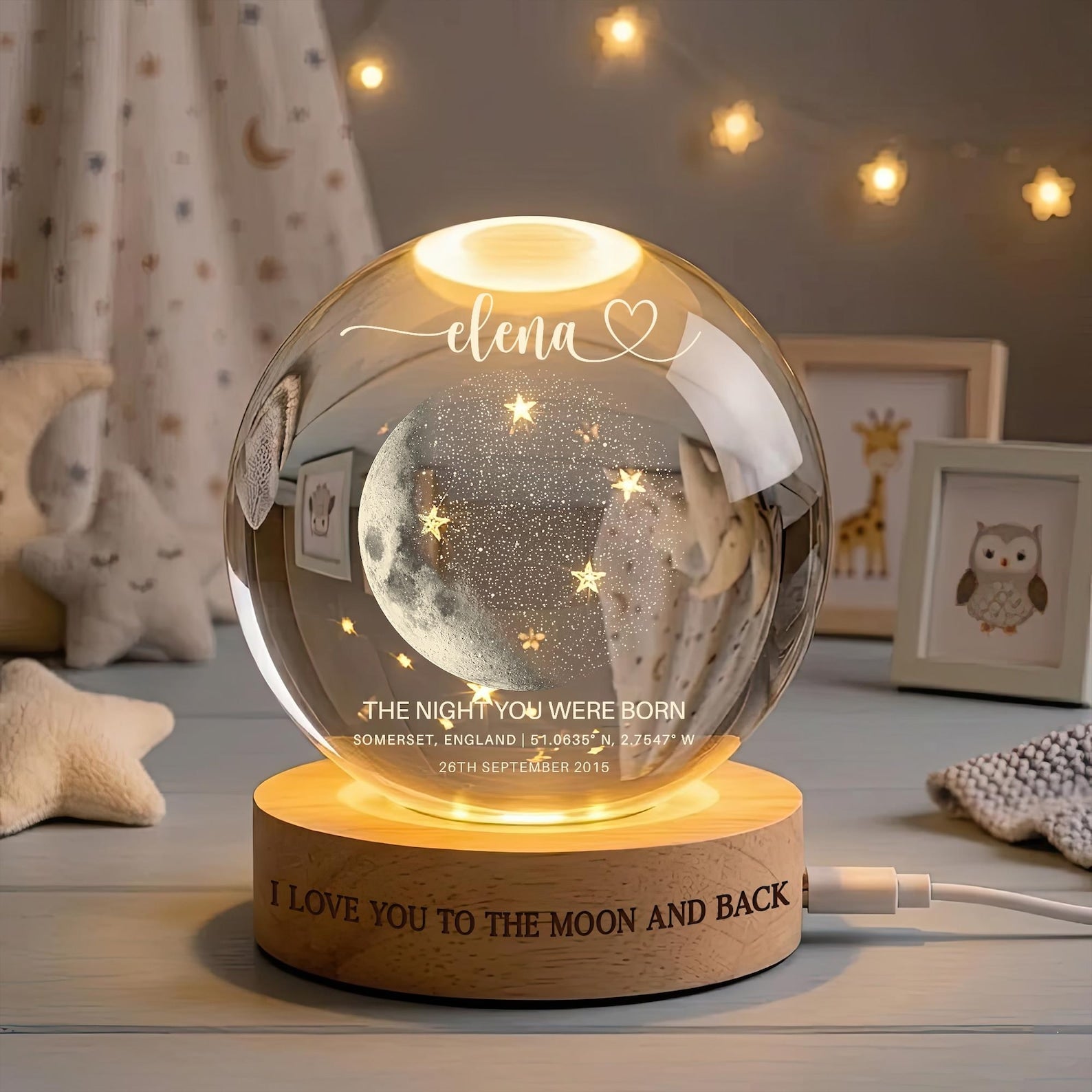 Custom Moon Phase Crystal Ball Night Light by Date, "The Day You Were Born" Gift