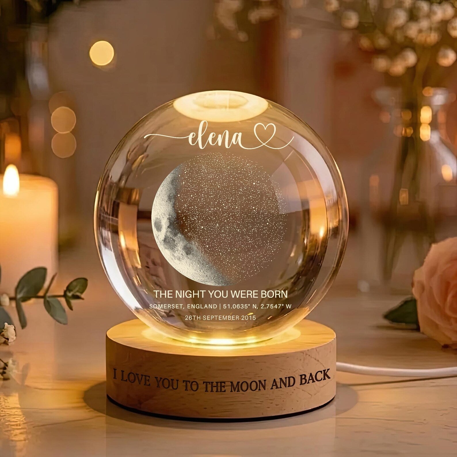 Custom Moon Phase Crystal Ball Night Light by Date, "The Day You Were Born" Gift
