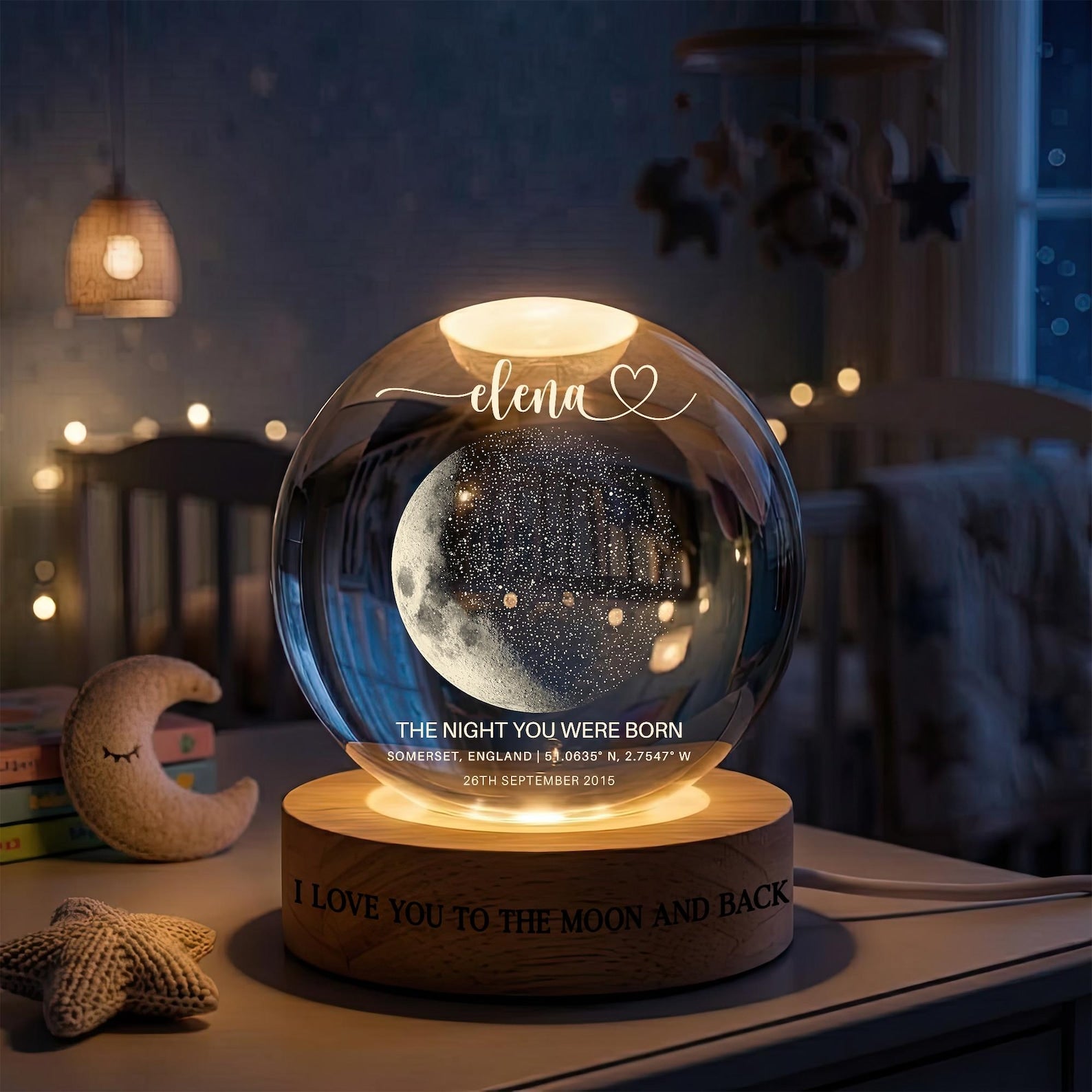 Custom Moon Phase Crystal Ball Night Light by Date, "The Day You Were Born" Gift
