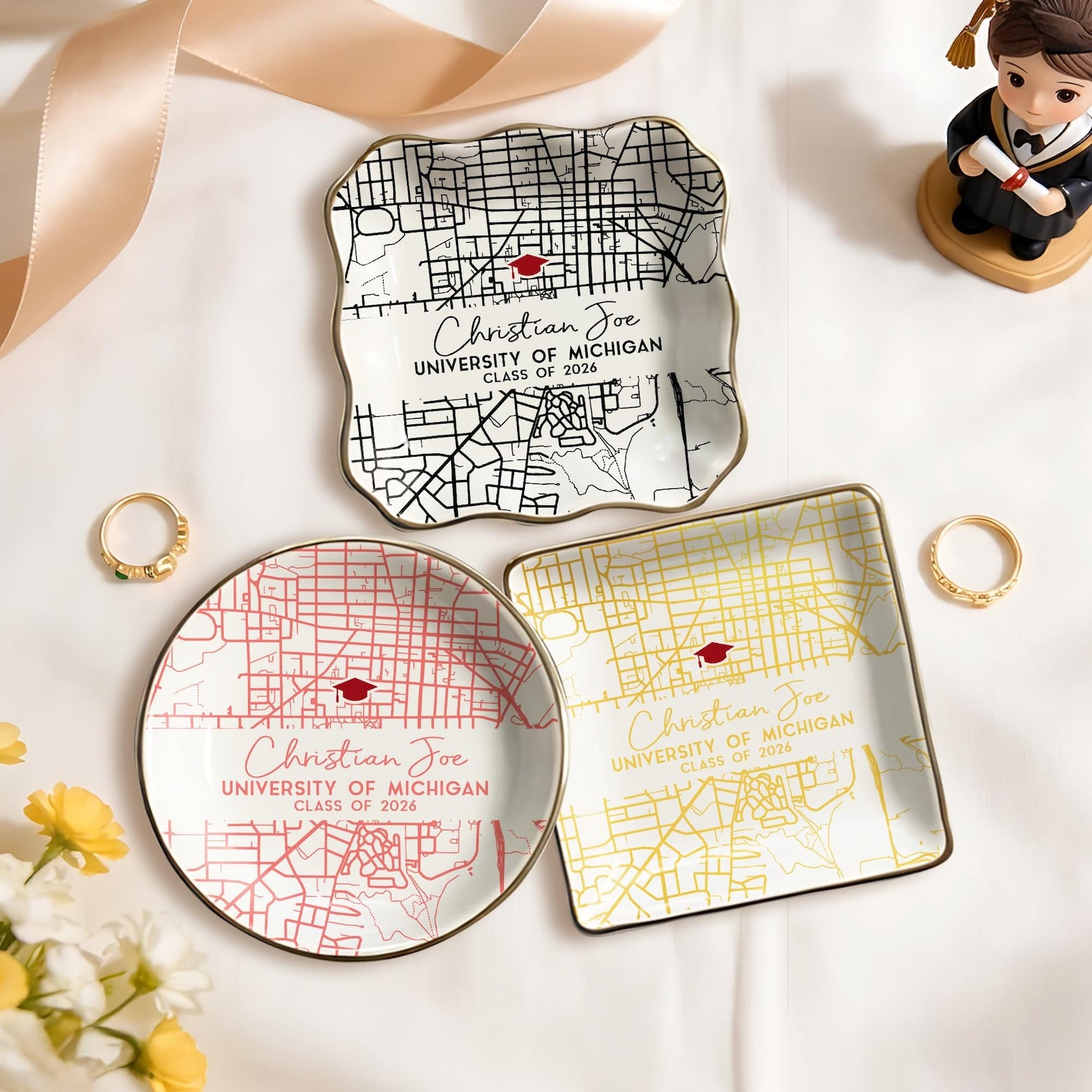 Custom Campus Map Graduation Jewelry Dish, Personalized College Map Ring Dish