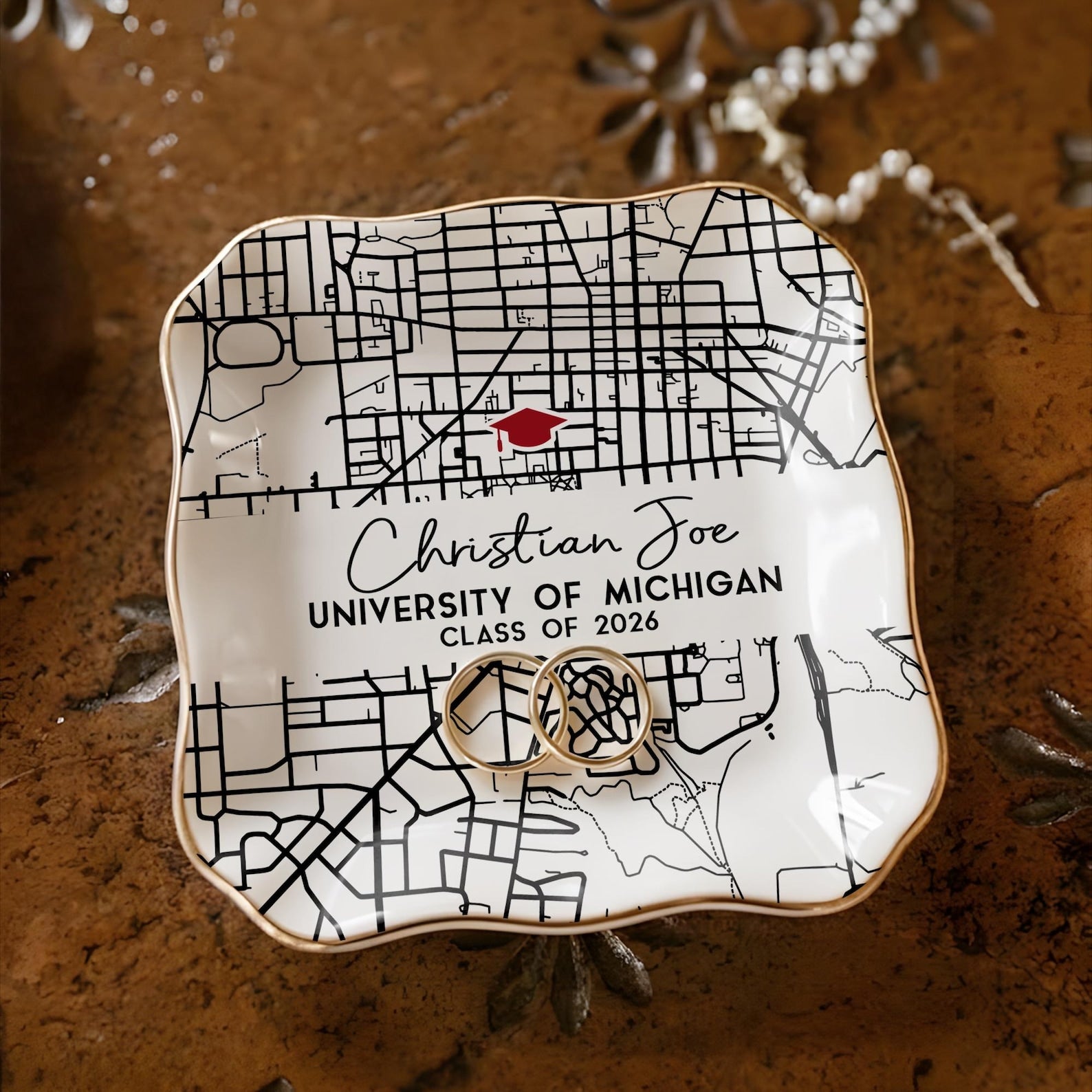 Custom Campus Map Graduation Jewelry Dish, Personalized College Map Ring Dish