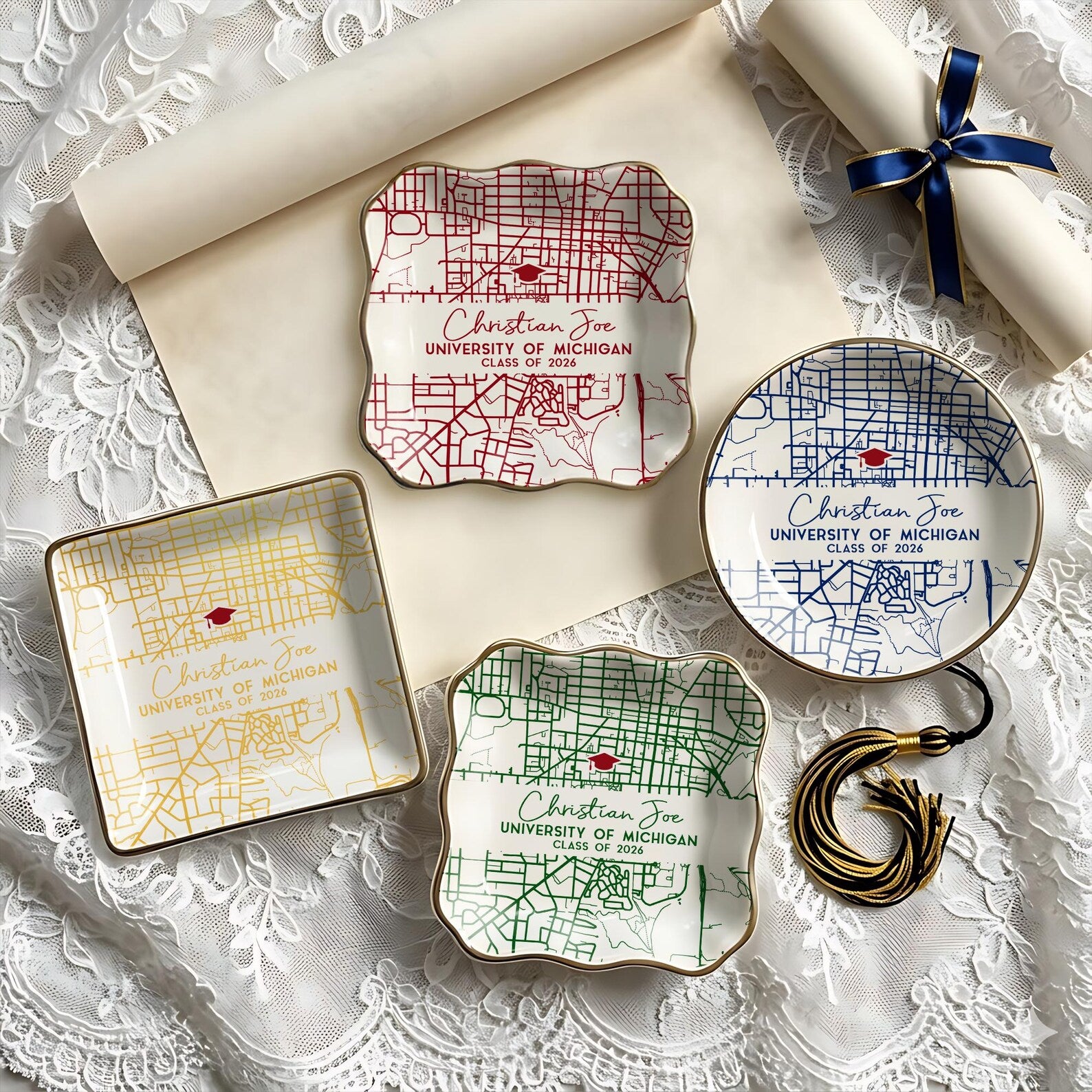 Custom Campus Map Graduation Jewelry Dish, Personalized College Map Ring Dish