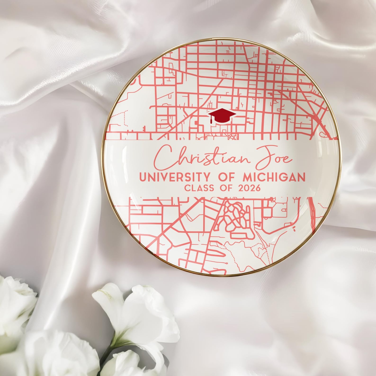 Custom Campus Map Graduation Jewelry Dish, Personalized College Map Ring Dish