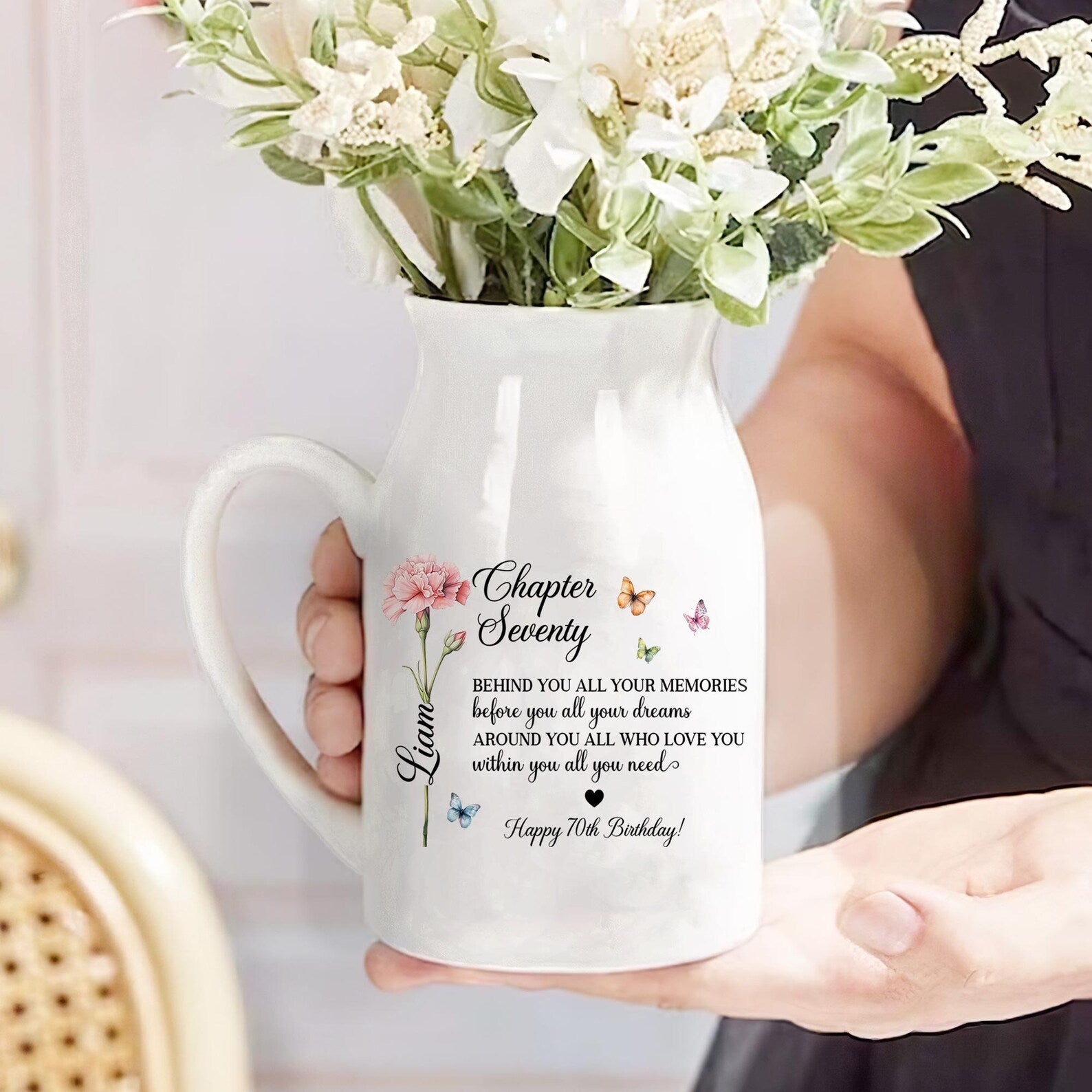 Custom Birth Month Flower Name Vase, 70th Birthday Gifts, Seventy Birthday Flower Vase