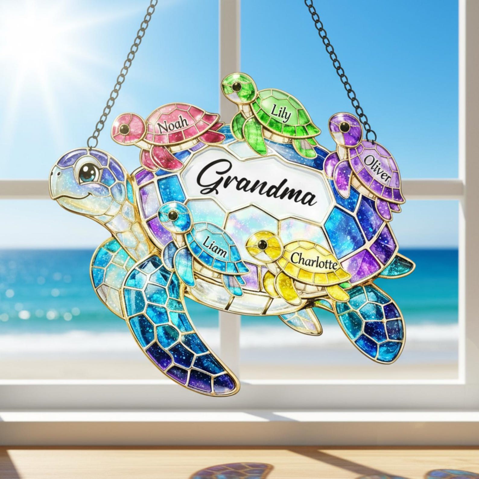Personalized Sea Turtle Family Suncatcher, Custom Name Acrylic Window Art