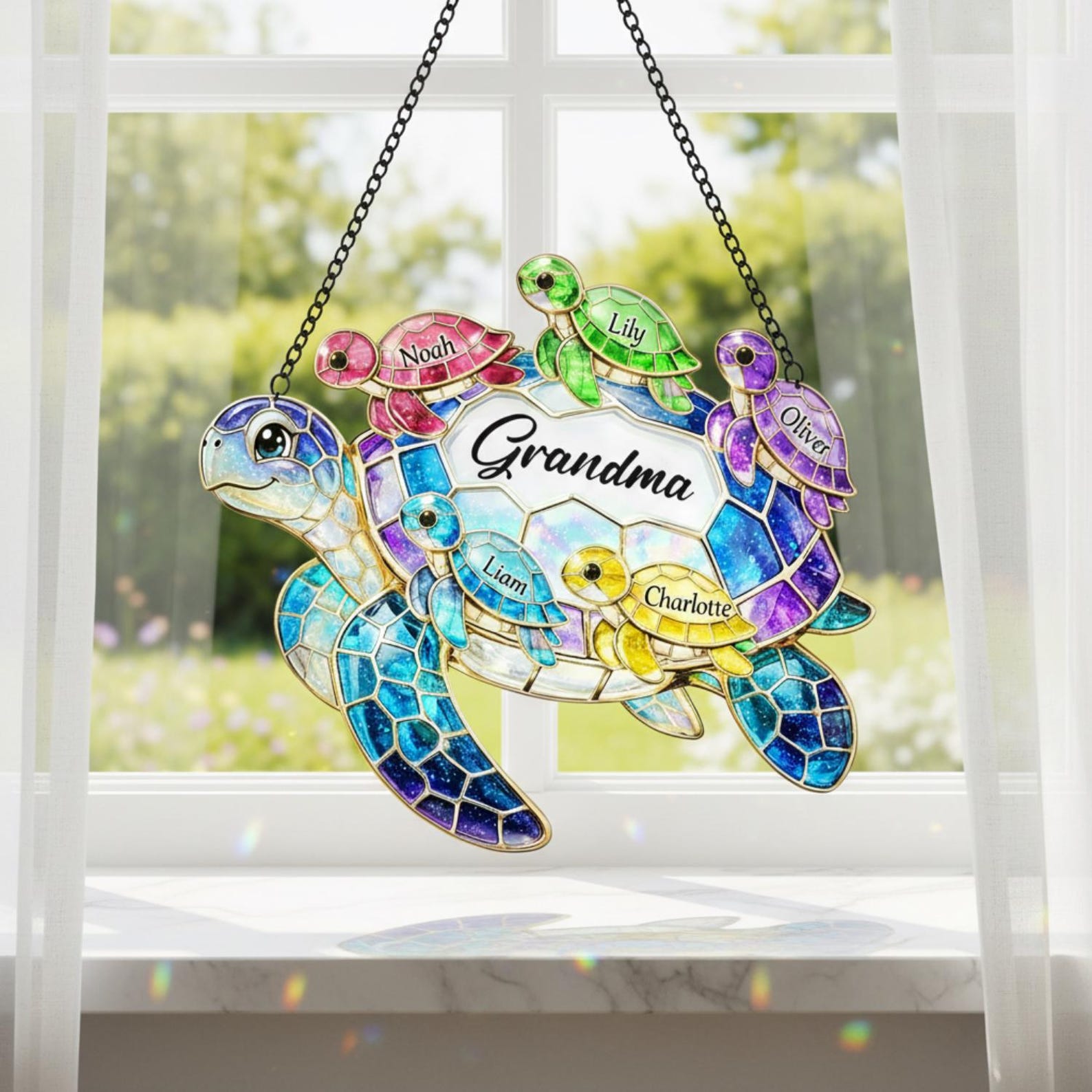 Personalized Sea Turtle Family Suncatcher, Custom Name Acrylic Window Art