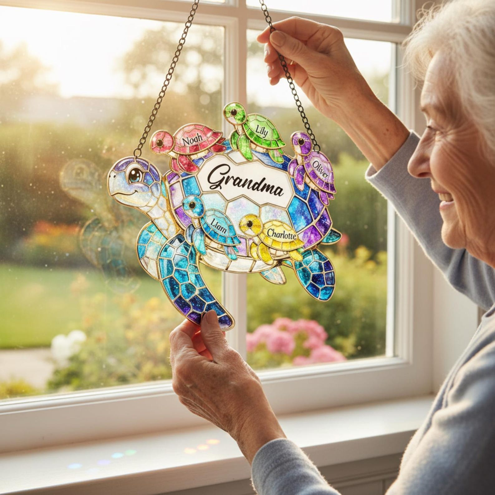 Personalized Sea Turtle Family Suncatcher, Custom Name Acrylic Window Art