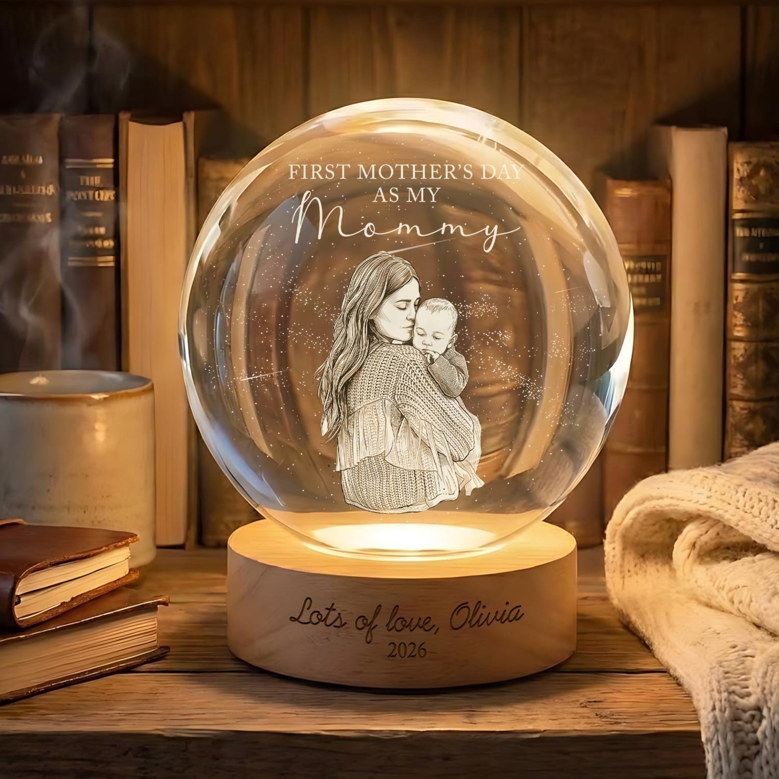 First Mother's Day Photo Crystal Ball Night Light, Personalized New Mom Gift