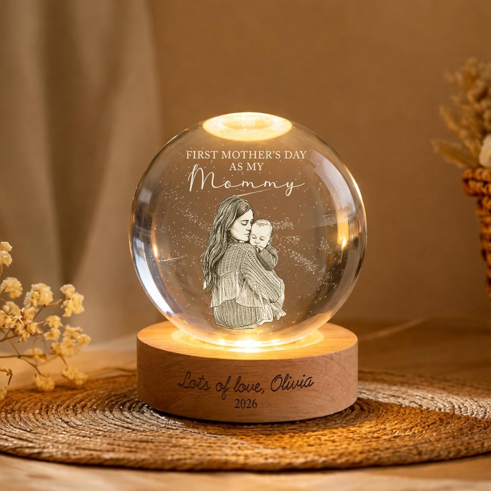 First Mother's Day Photo Crystal Ball Night Light, Personalized New Mom Gift