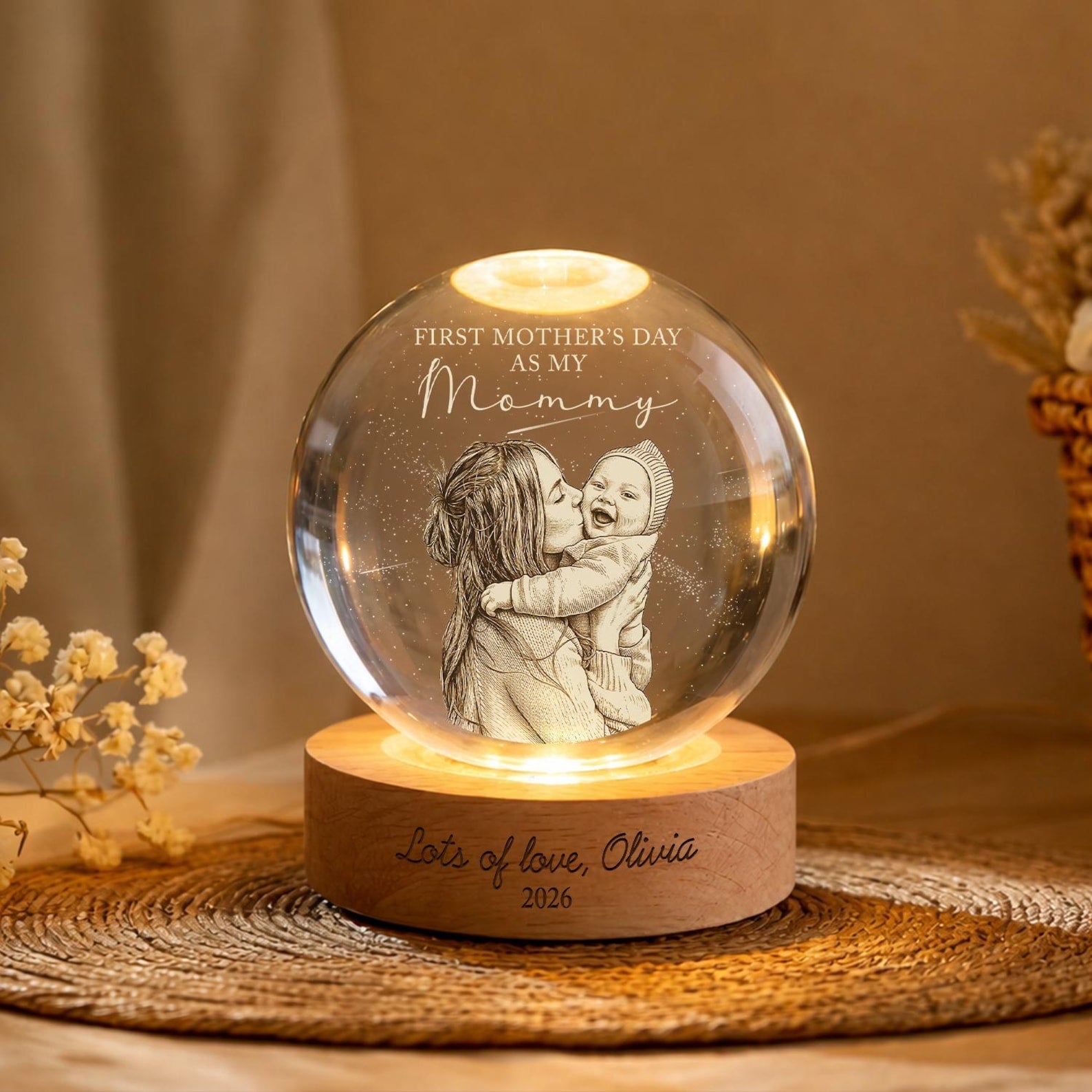 First Mother's Day Photo Crystal Ball Night Light, Personalized New Mom Gift