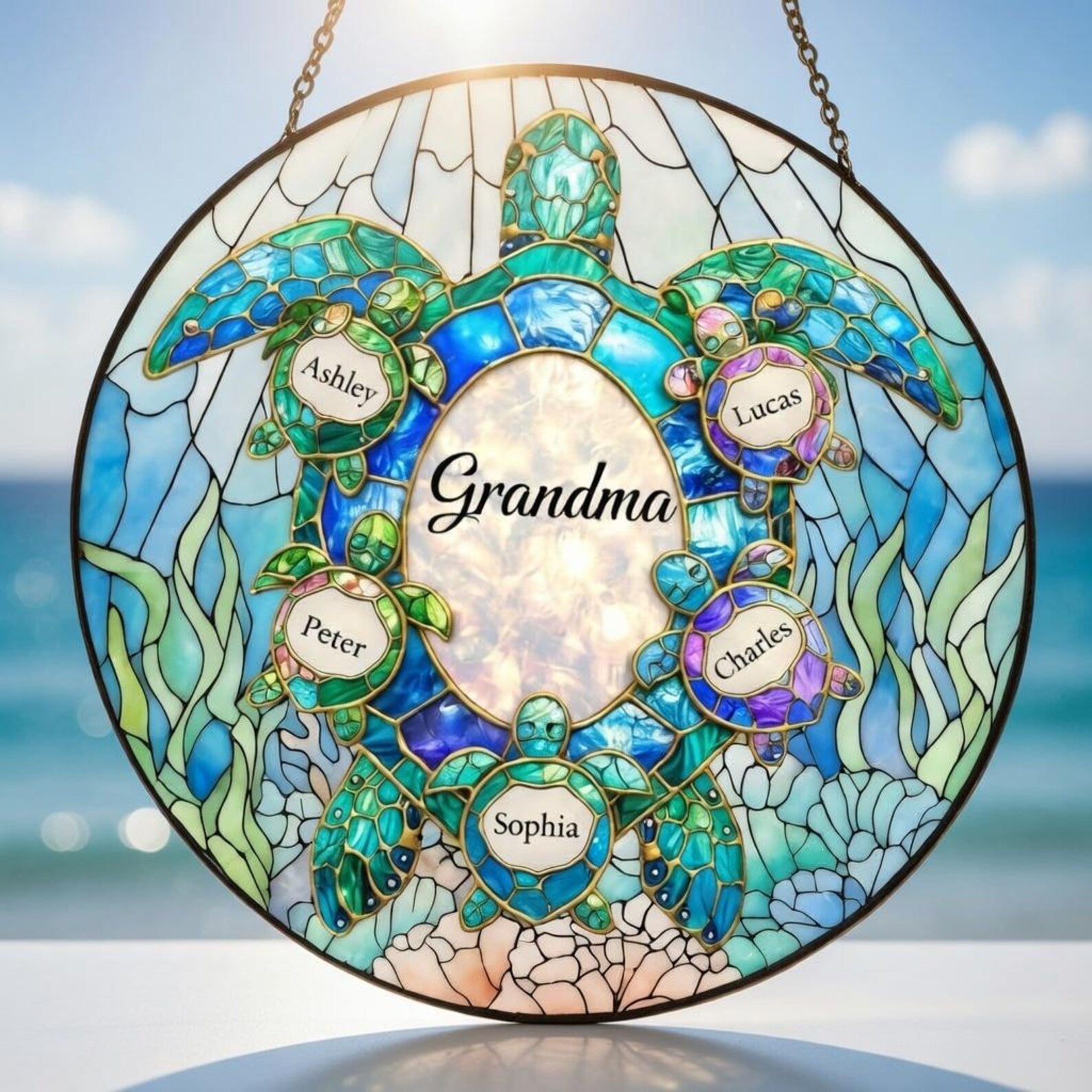 Personalized Sea Turtle Stained Glass Suncatcher, Custom Grandkids Name Turtle
