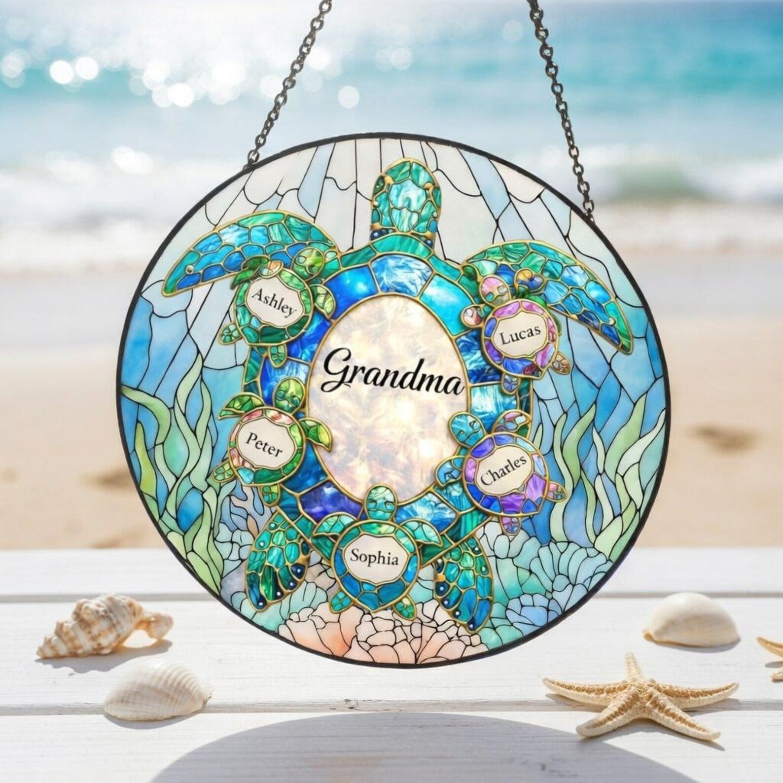 Personalized Sea Turtle Stained Glass Suncatcher, Custom Grandkids Name Turtle
