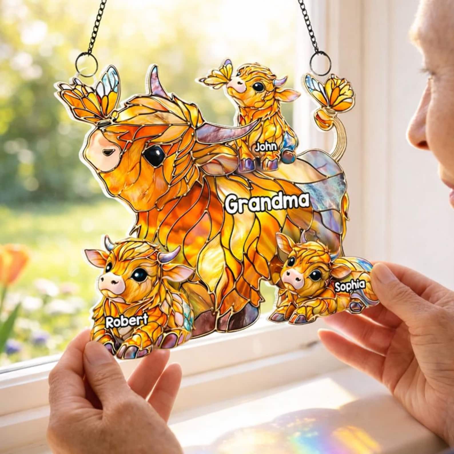 Personalized Highland Cow Mom Acrylic Suncatcher, Grandma’s Herd with Names