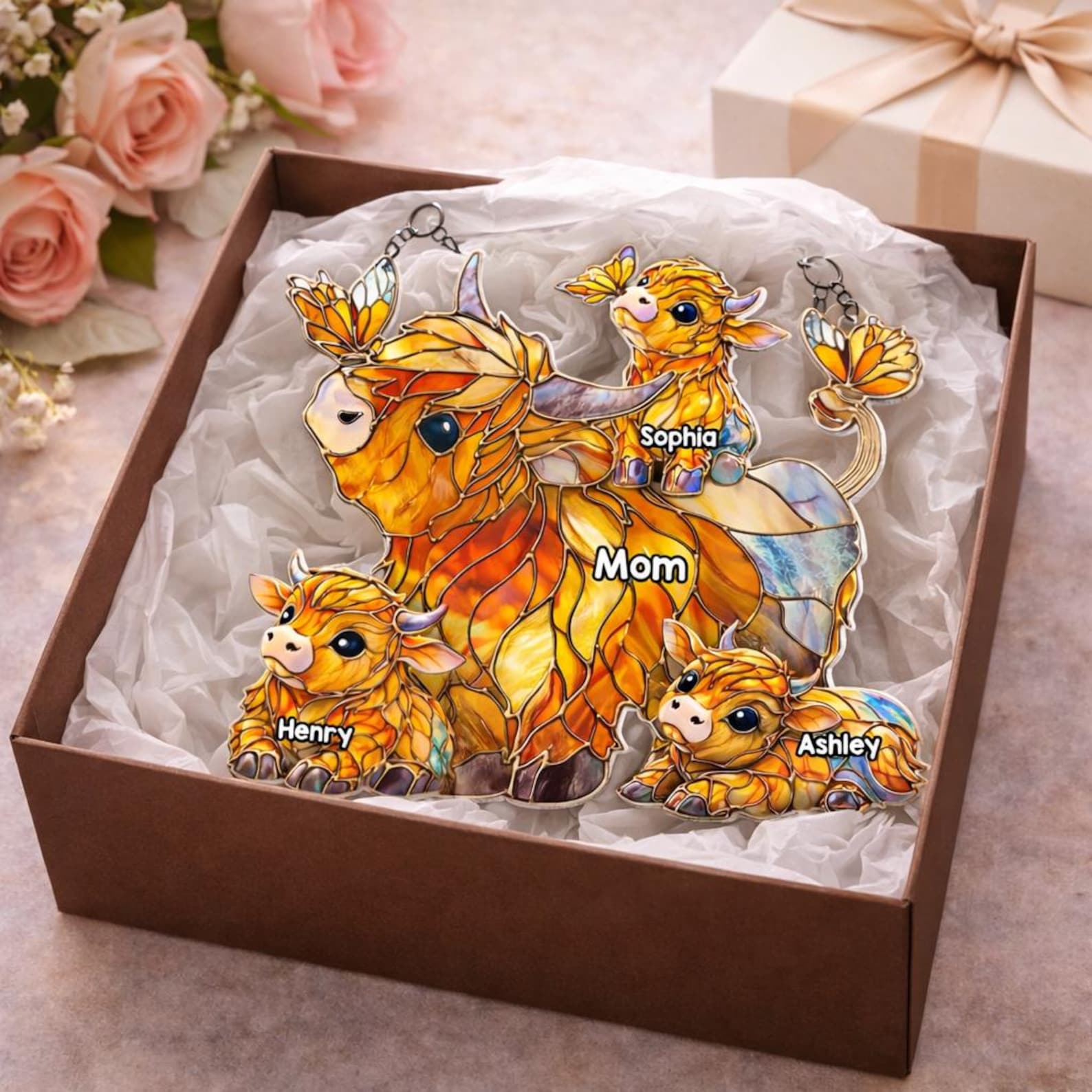 Personalized Highland Cow Mom Acrylic Suncatcher, Grandma’s Herd with Names