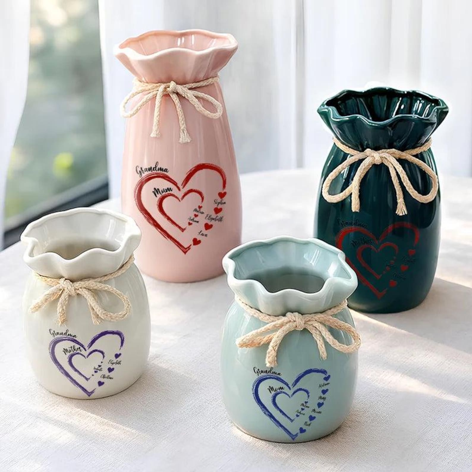 Personalized Mom Grandma Heart Flower Vase, Custom Names Family Vase