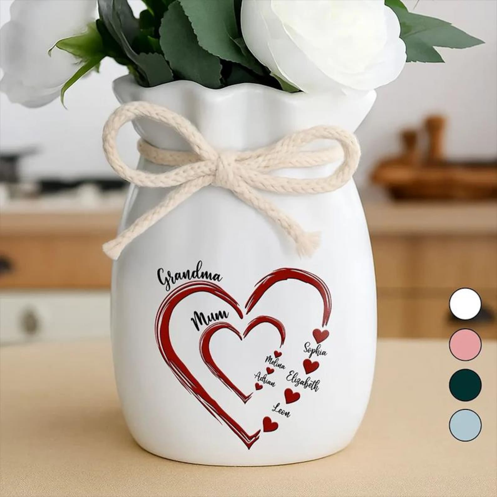Personalized Mom Grandma Heart Flower Vase, Custom Names Family Vase